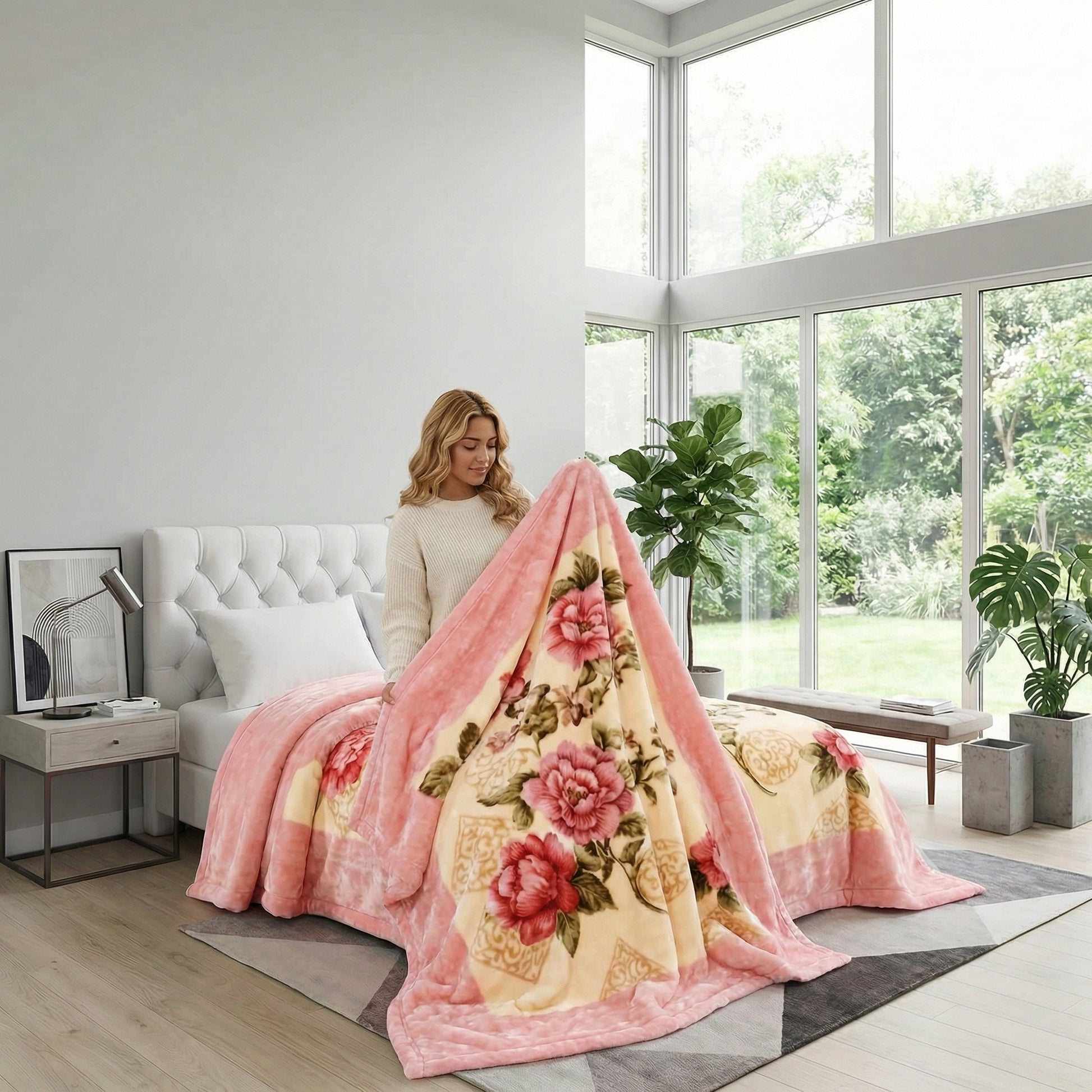 Woman holding a pink and cream floral design microfiber fleece throw blanket on a bed.