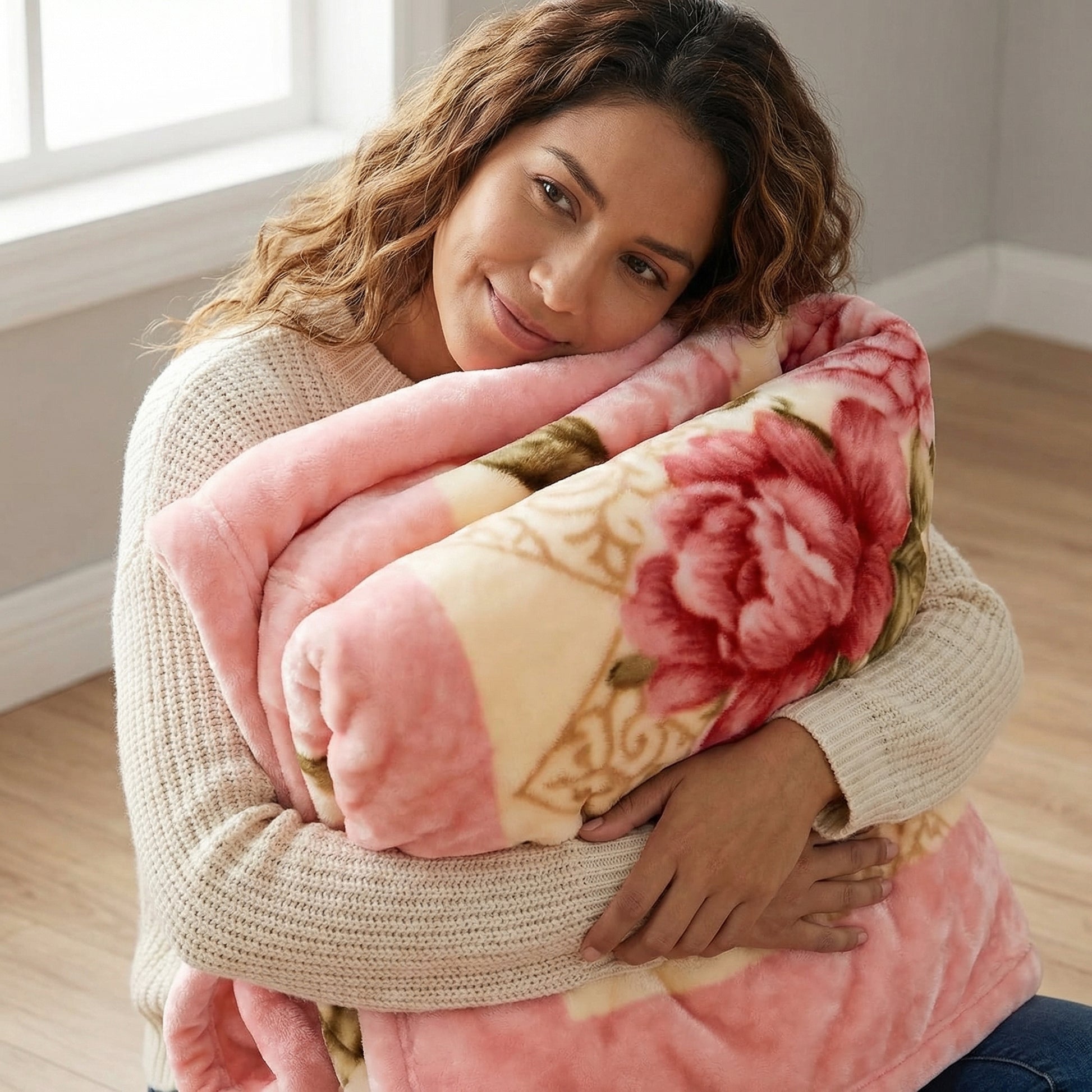 Woman hugging a soft pink floral microfiber fleece throw blanket.