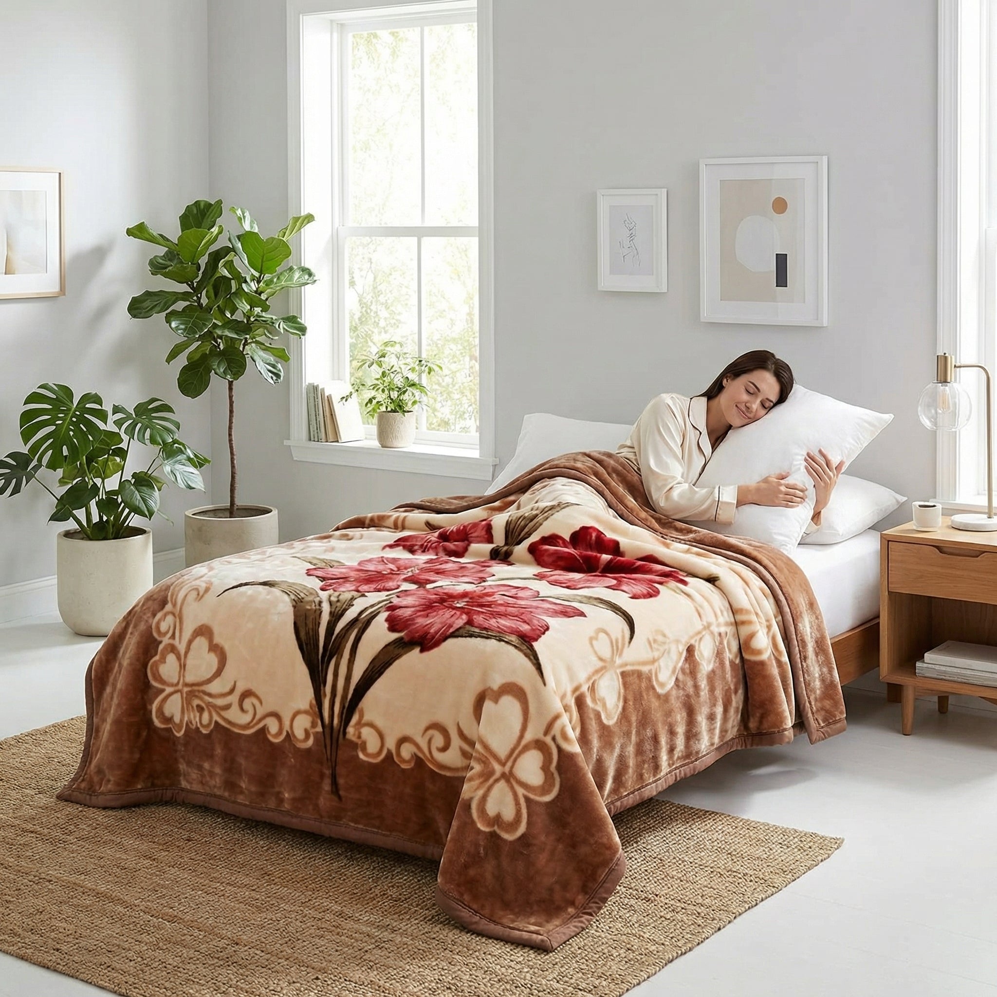 Woman relaxing in bed under a soft, beige floral design microfiber fleece throw blanket with red flowers.