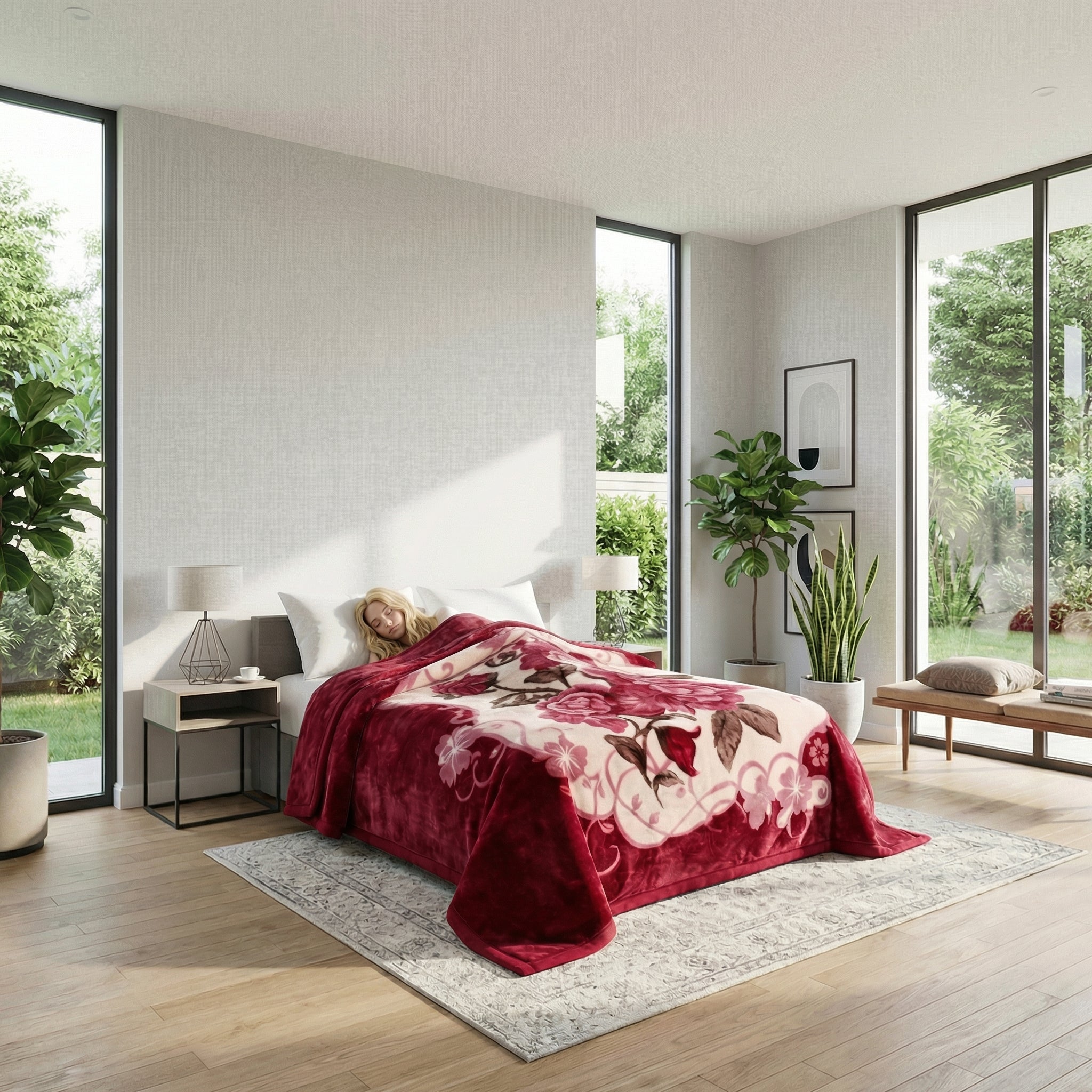 Red floral microfiber fleece throw blanket on a bed with a sleeping person in a bright room.