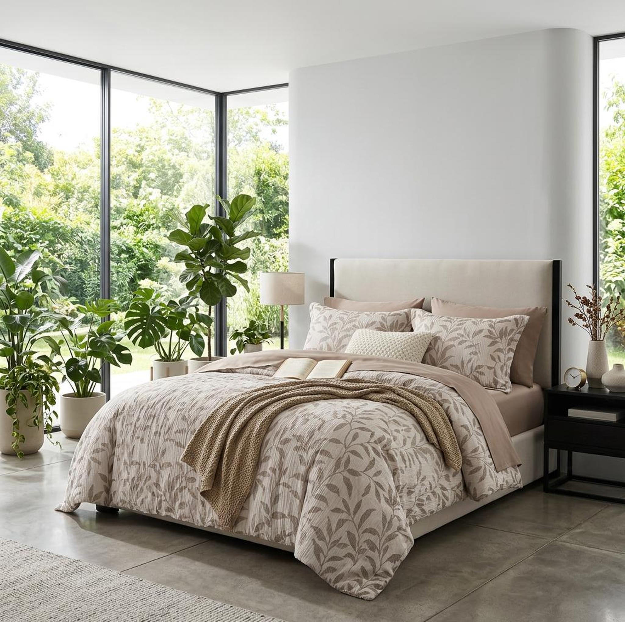 Elegant floral duvet cover set in soft botanical pattern with matching pillowcases and a cozy throw.