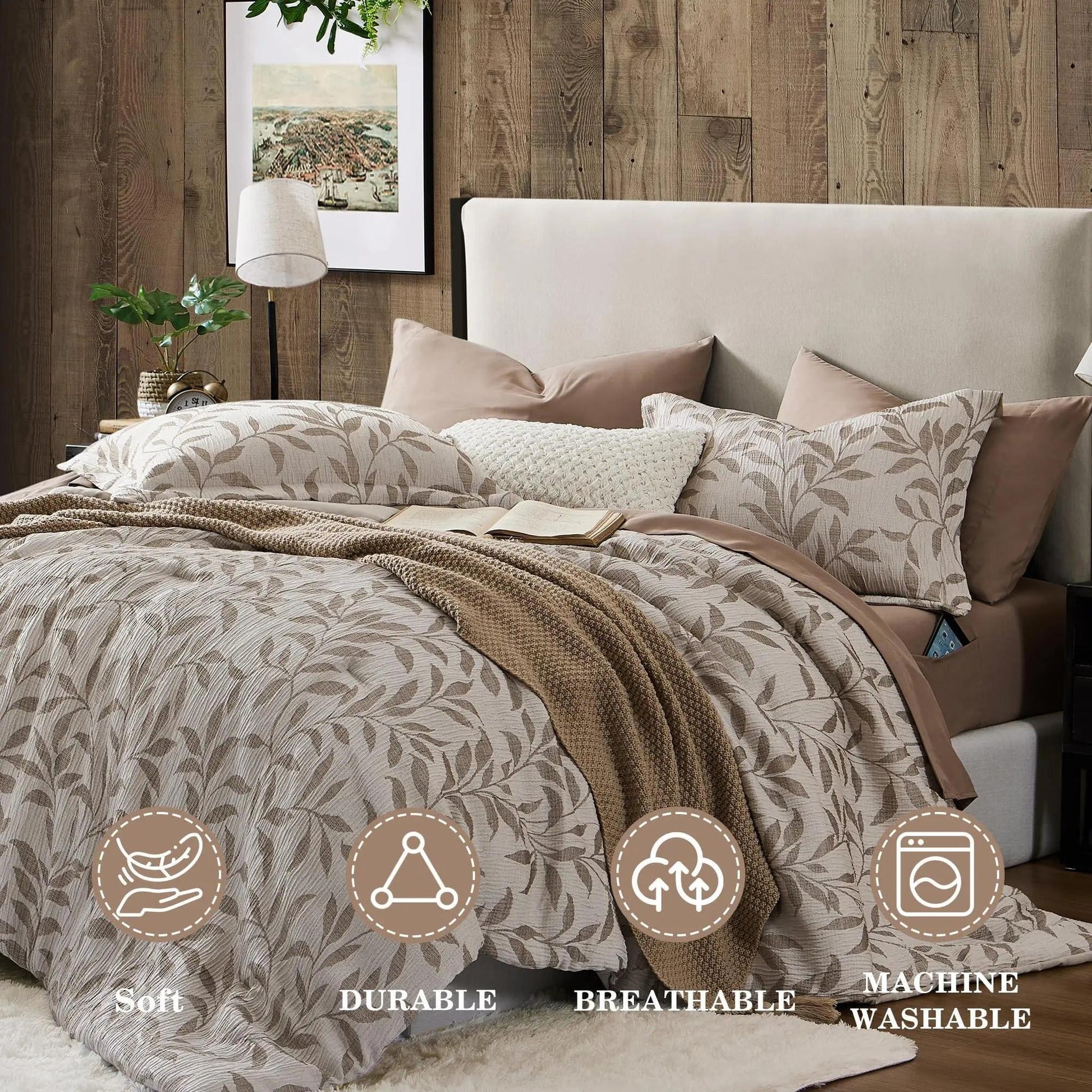 Elegant floral duvet cover set in soft brown and beige, featuring a botanical leaf pattern on breathable microfiber.