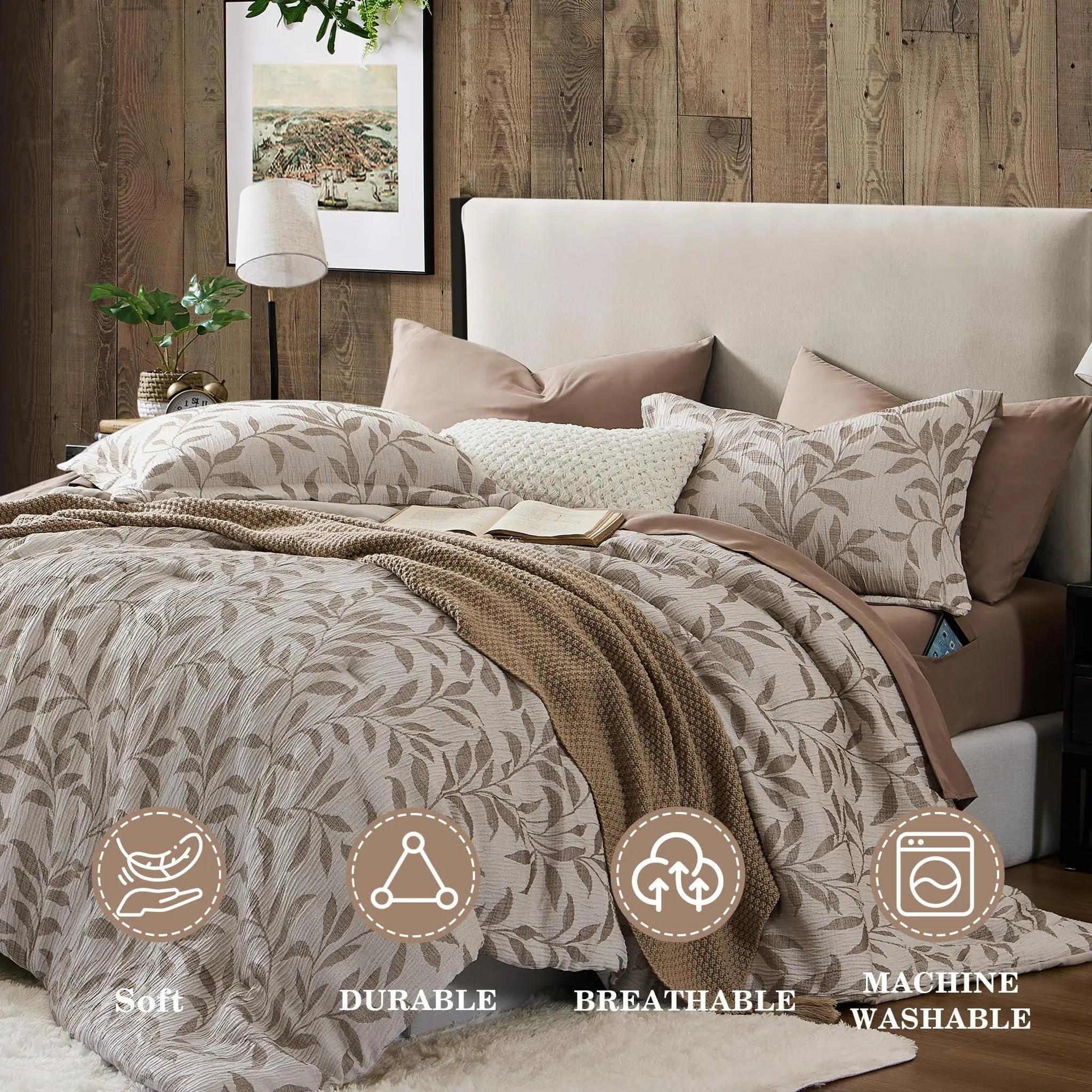 Elegant floral duvet cover set in soft brown and beige, featuring a botanical leaf pattern on breathable microfiber.