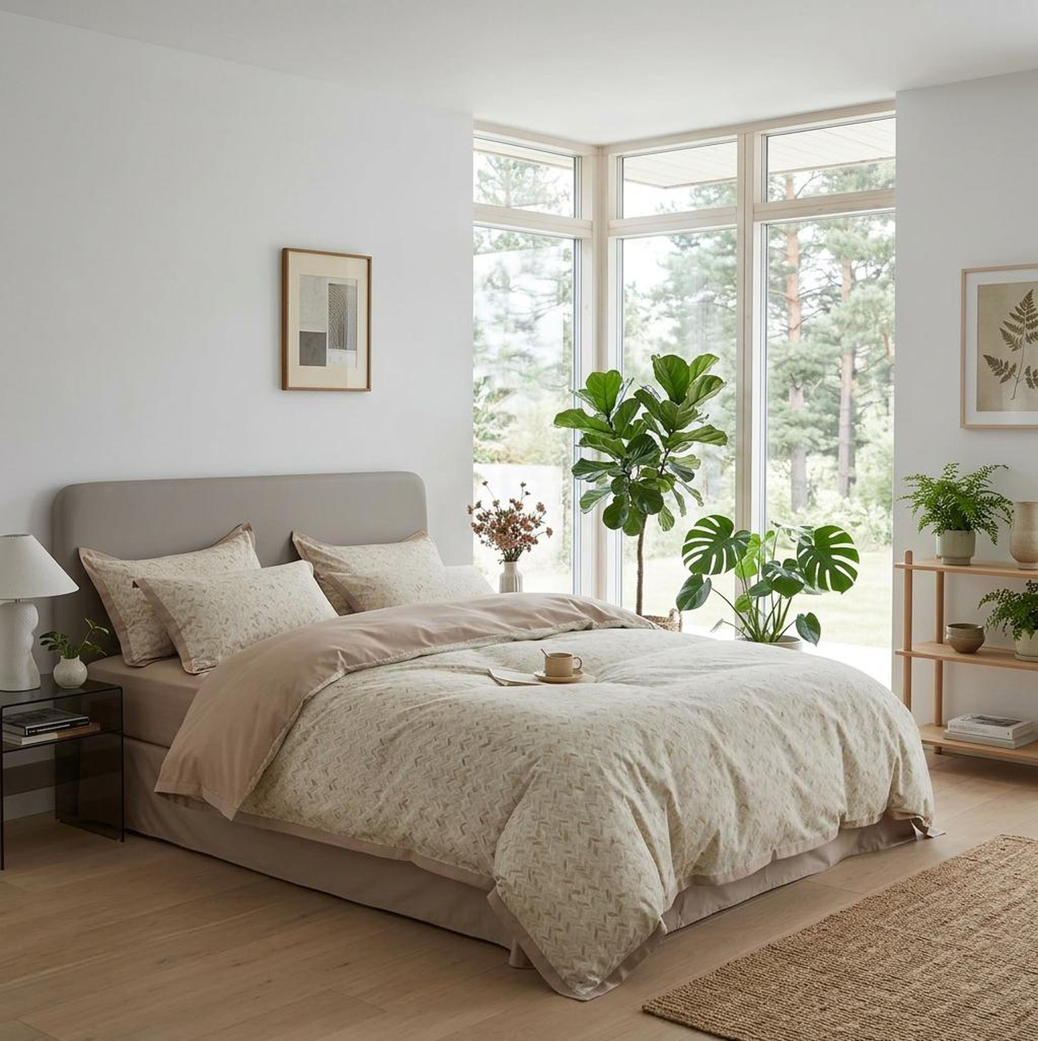 Elegant floral duvet cover set in soft beige microfiber, featuring a subtle botanical pattern and matching pillowcases.
