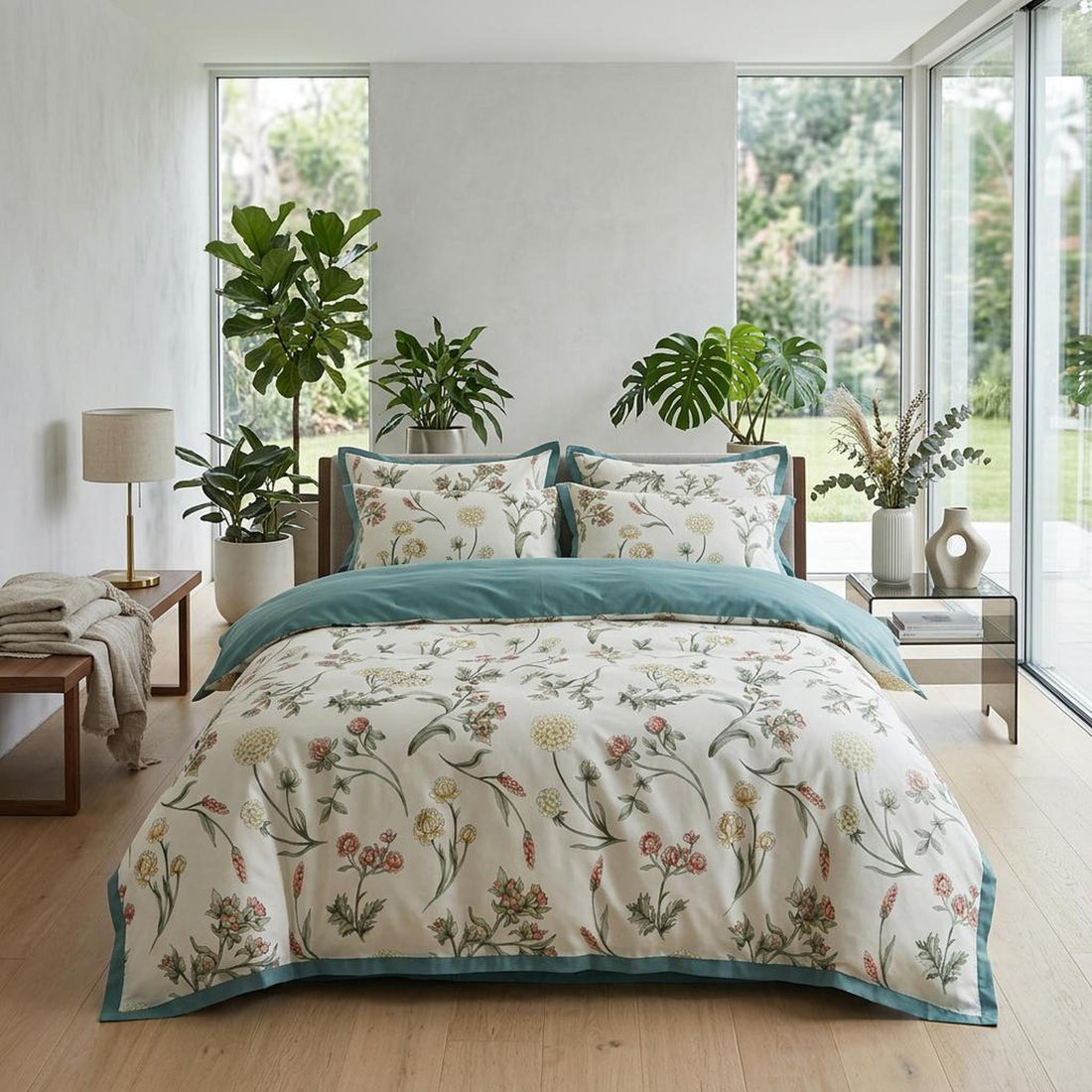 Floral duvet cover set with a botanical pattern, light blue trim, and matching pillowcases on a wooden bed.