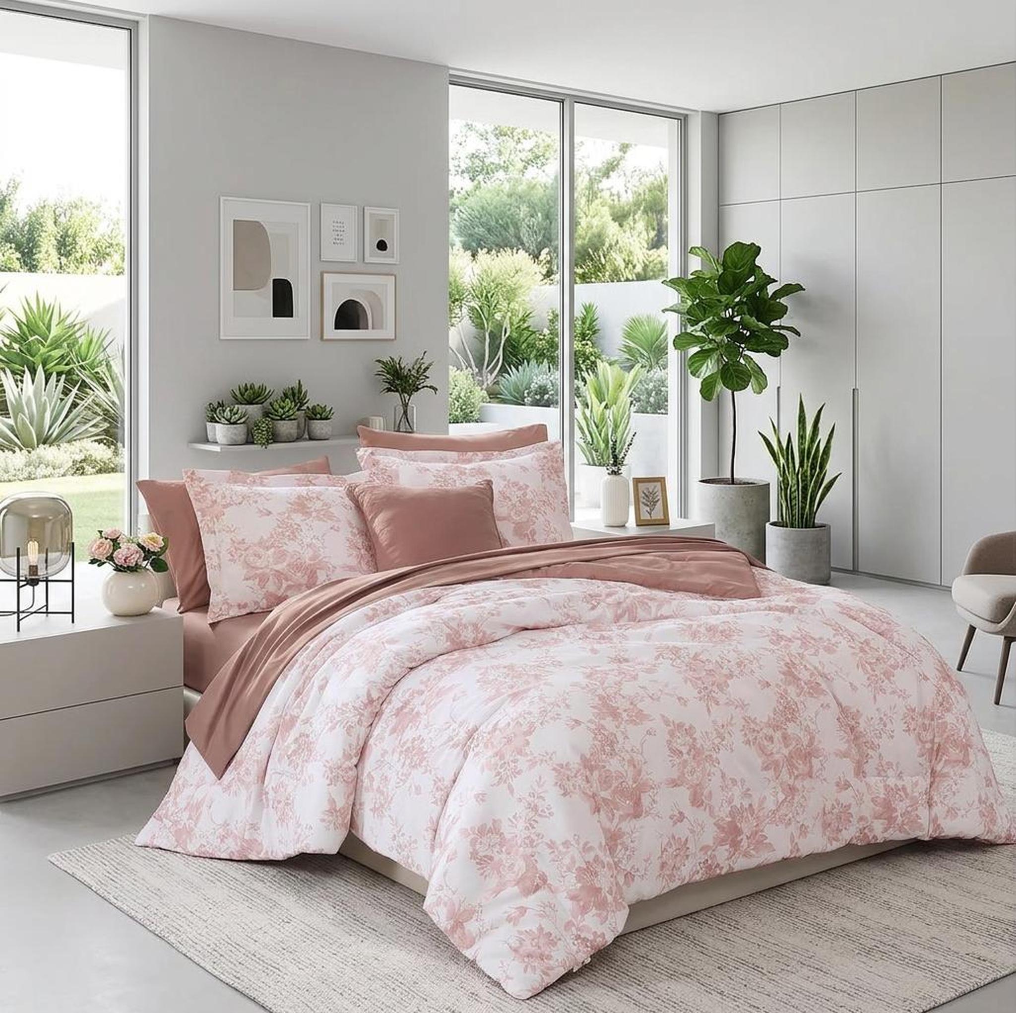 Pink floral microfiber duvet cover set with solid pink accents in a bright bedroom.