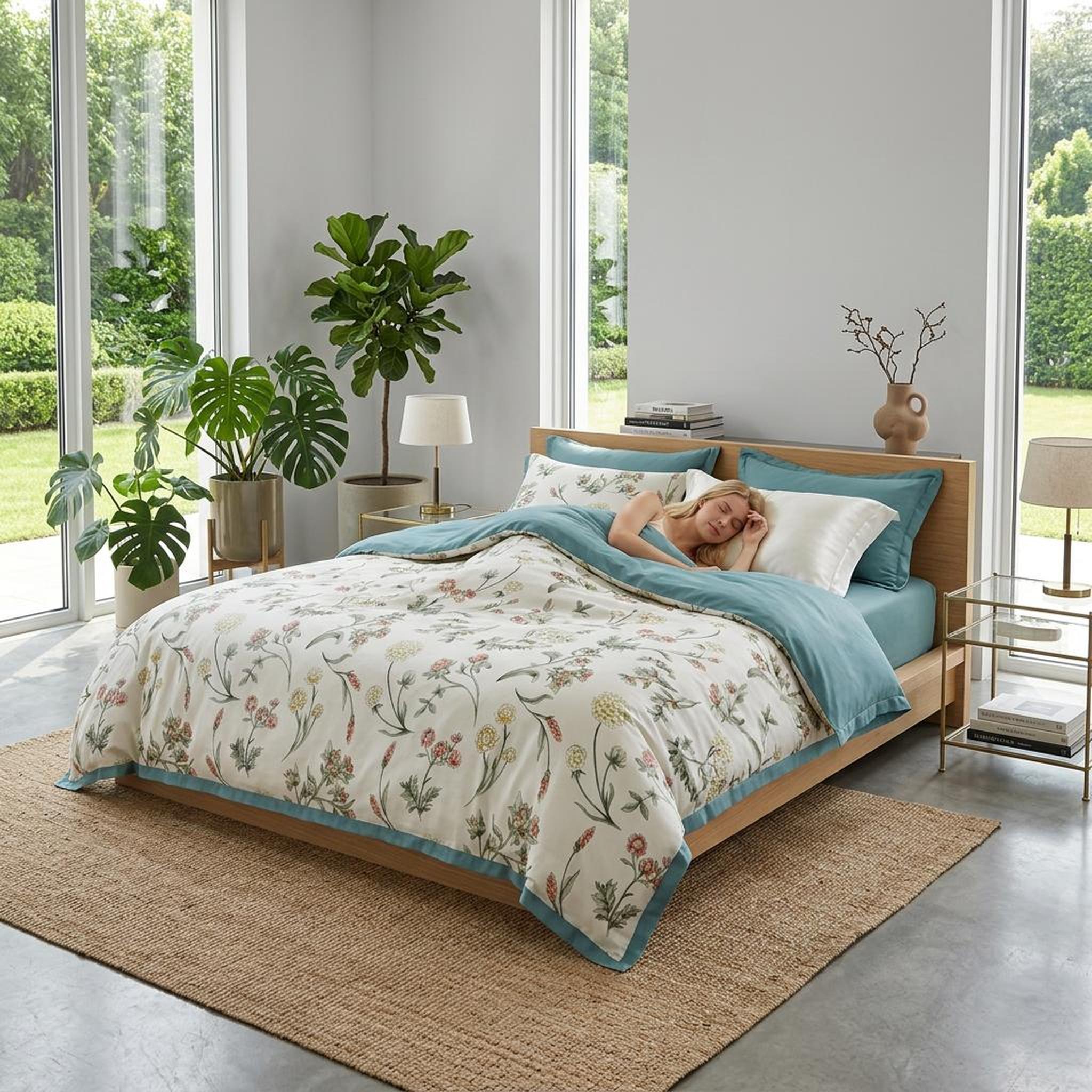 Floral duvet cover set with a botanical pattern, light blue trim, and matching pillowcases on a wooden bed.