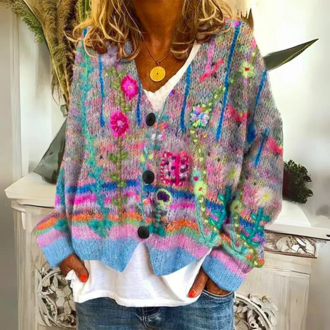 Floral Embroidered Women's Cardigan with V-Neckline 0