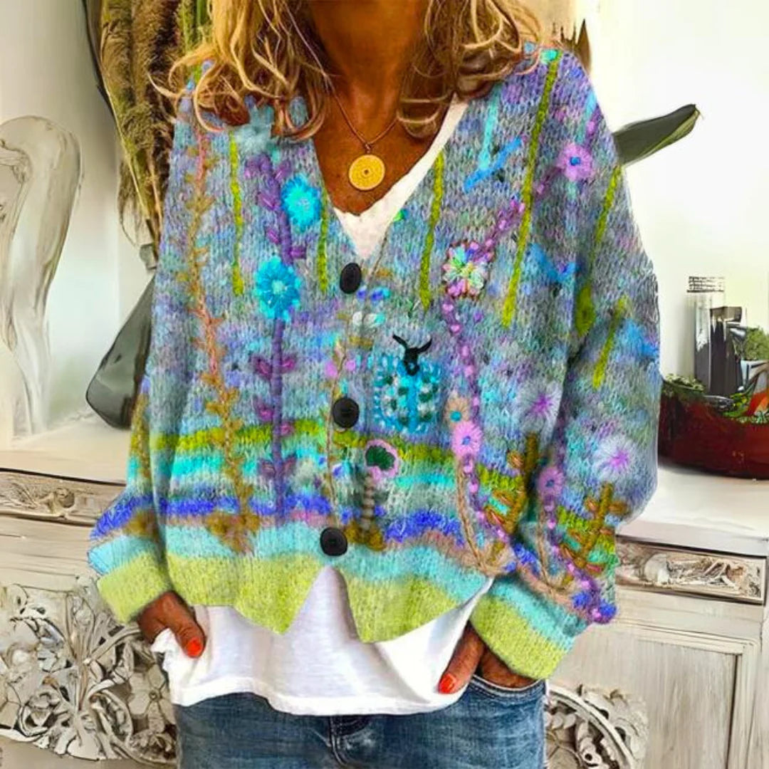 Floral Embroidered Women's Cardigan with V-Neckline 1