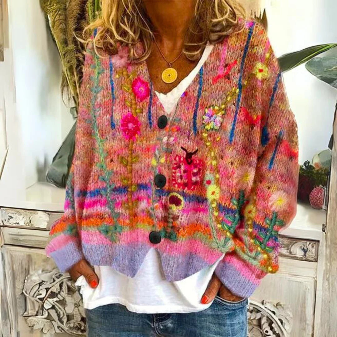 Floral Embroidered Women's Cardigan with V-Neckline 2