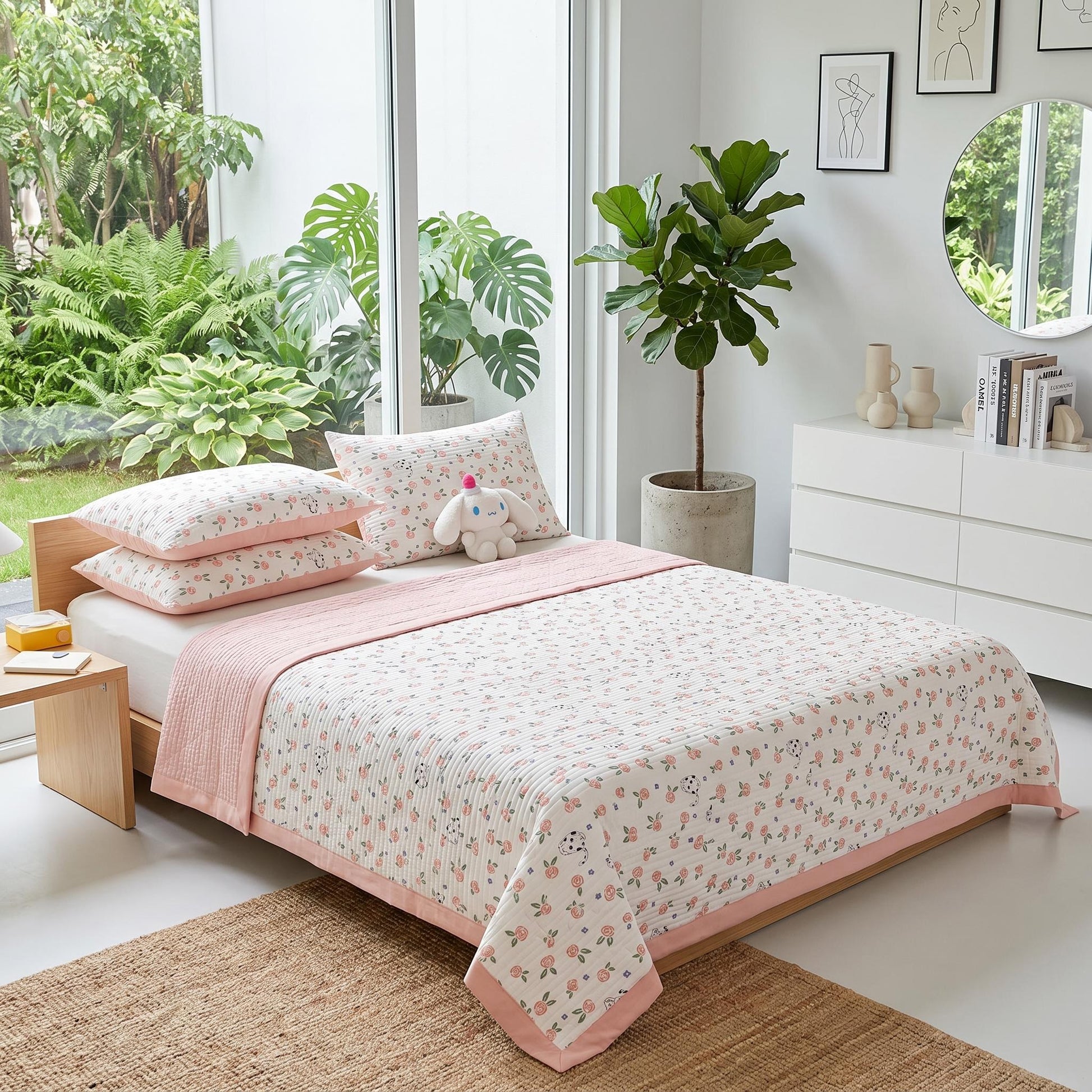 Floral microfiber quilt bedding set with pink trim and pillowcases on a wooden bed.