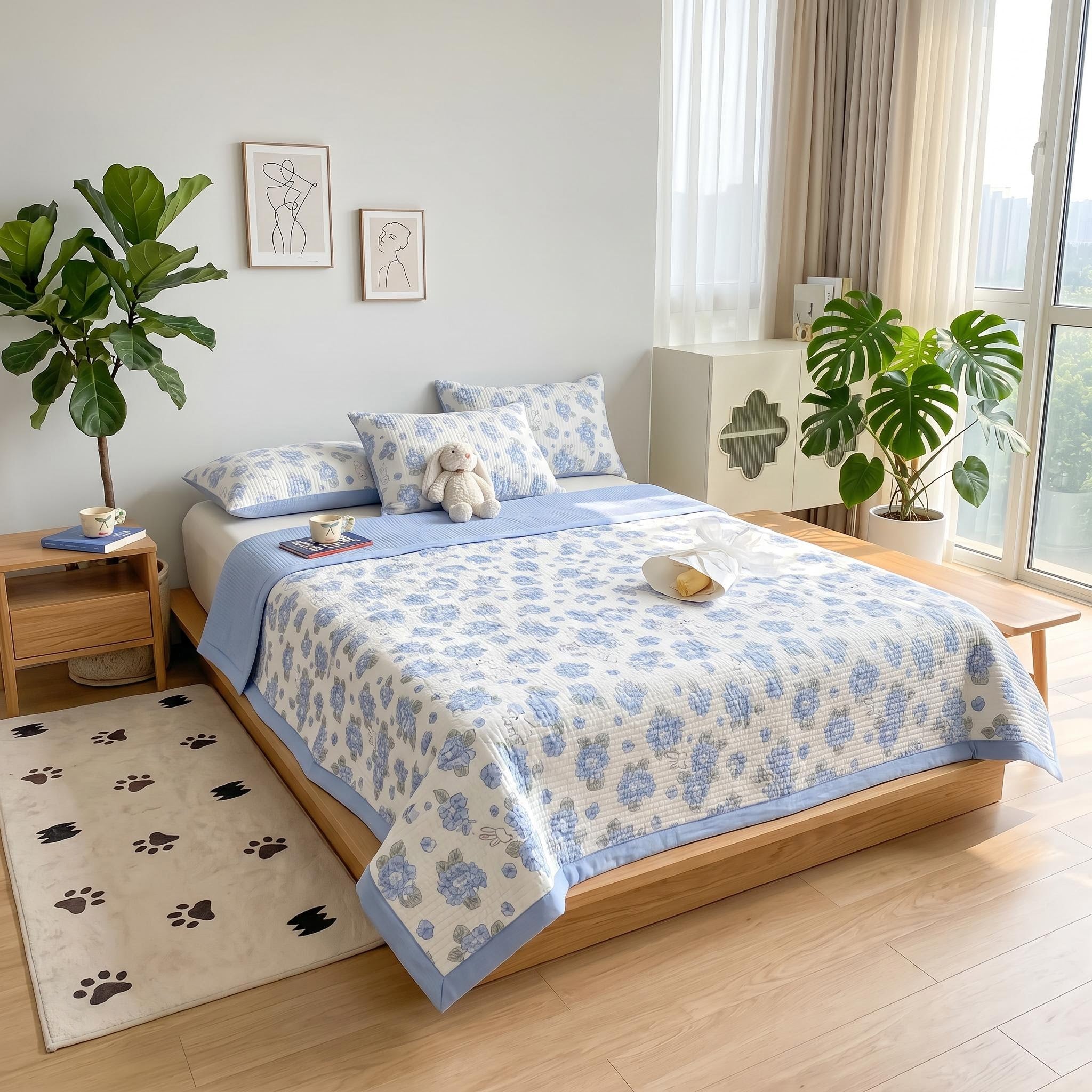 Floral microfiber quilt bedding set in blue and white, with matching pillowcases, on a wooden bed.