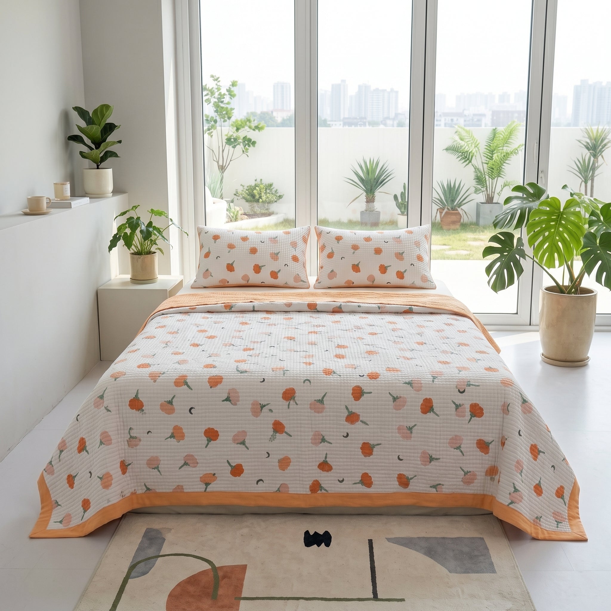 White microfiber quilt bedding set with orange floral pattern and matching pillowcases in a bright bedroom.