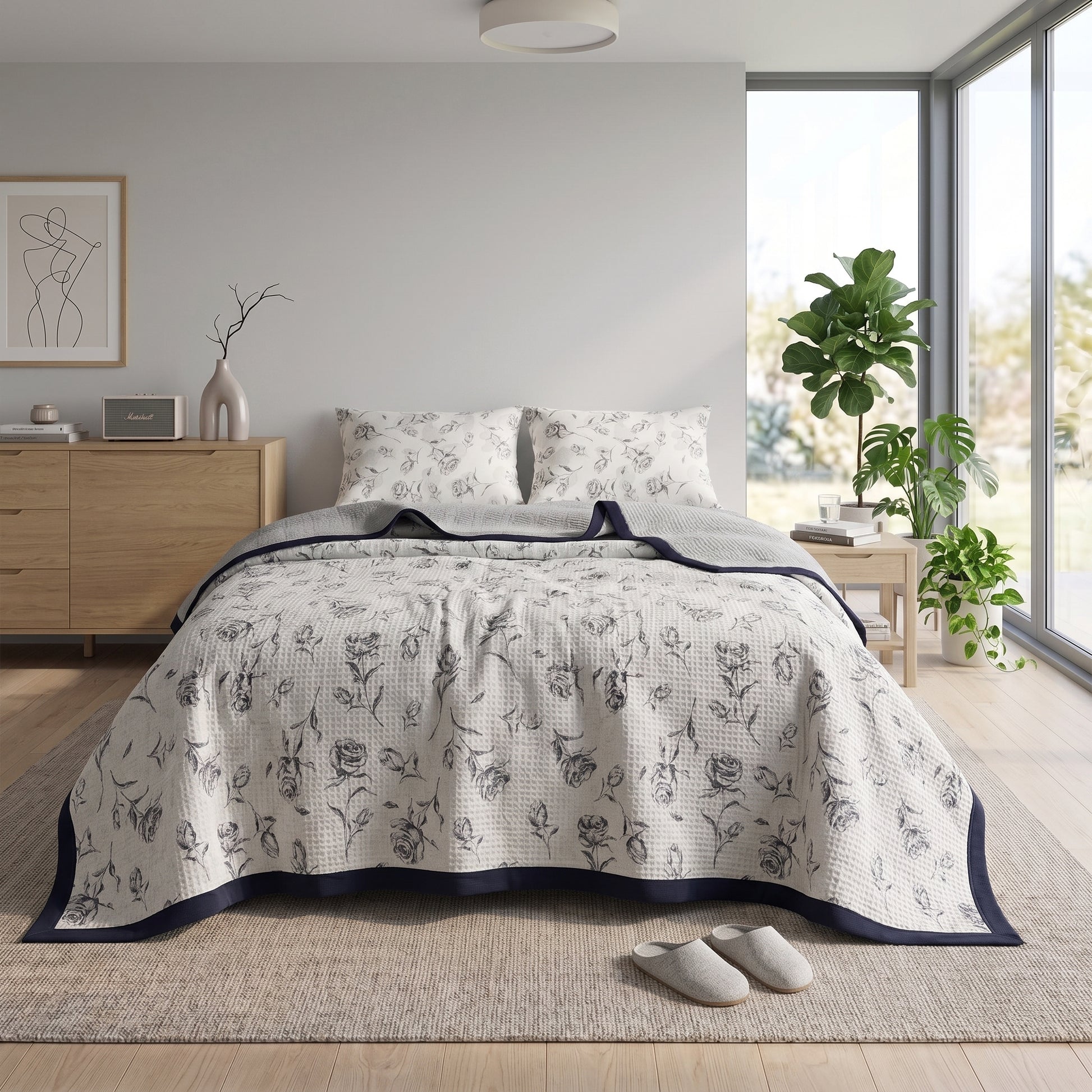 White microfiber quilt bedding set with a subtle blue floral pattern and navy trim on a bed in a bright bedroom.