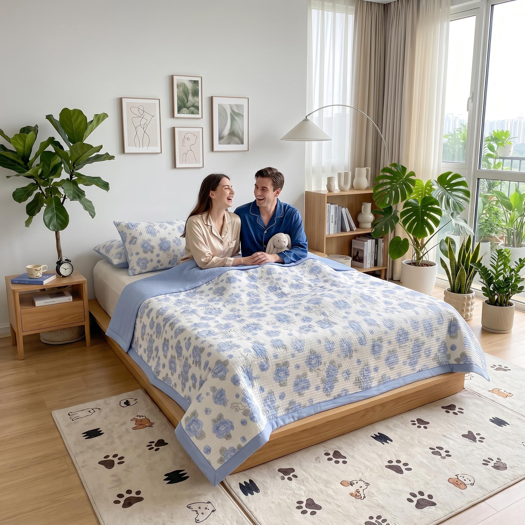 Couple on a bed with a blue and white floral microfiber quilt bedding set in a bright bedroom.