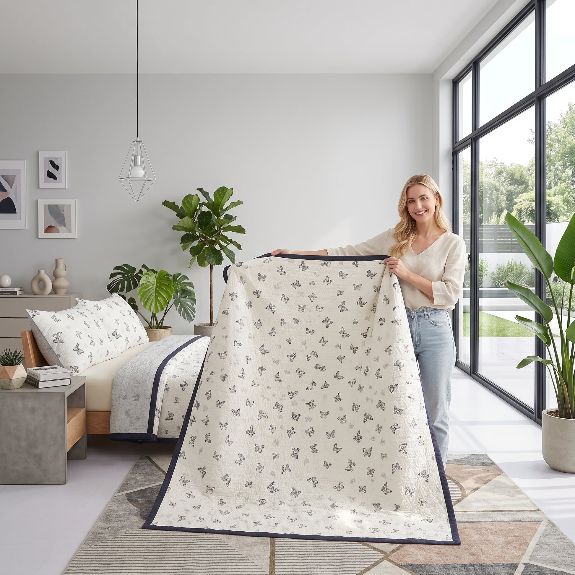 Woman holding a white microfiber quilt with a black butterfly pattern and navy trim in a modern bedroom.