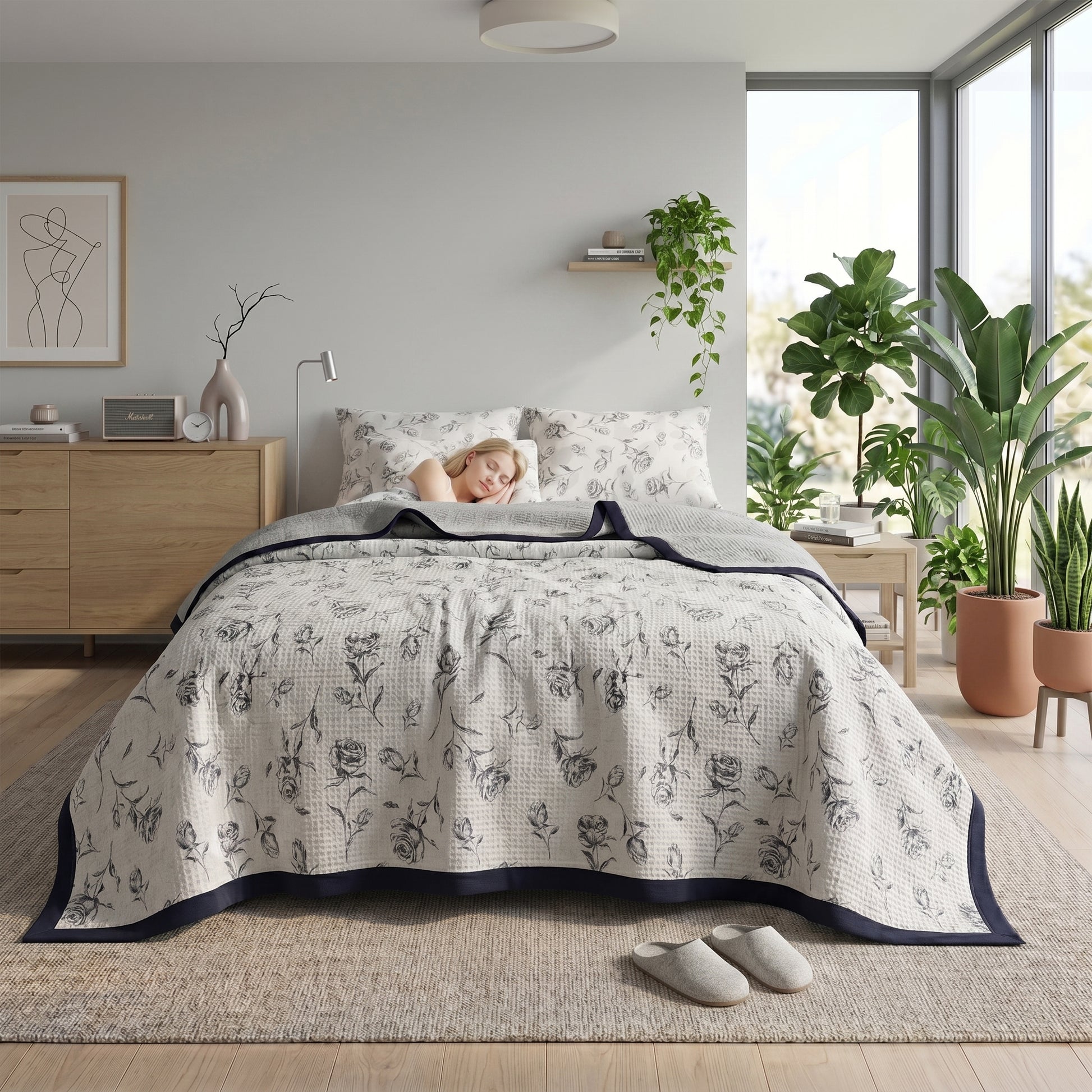 Floral microfiber quilt bedding set with blue floral pattern, a sleeping person, and a modern bedroom.