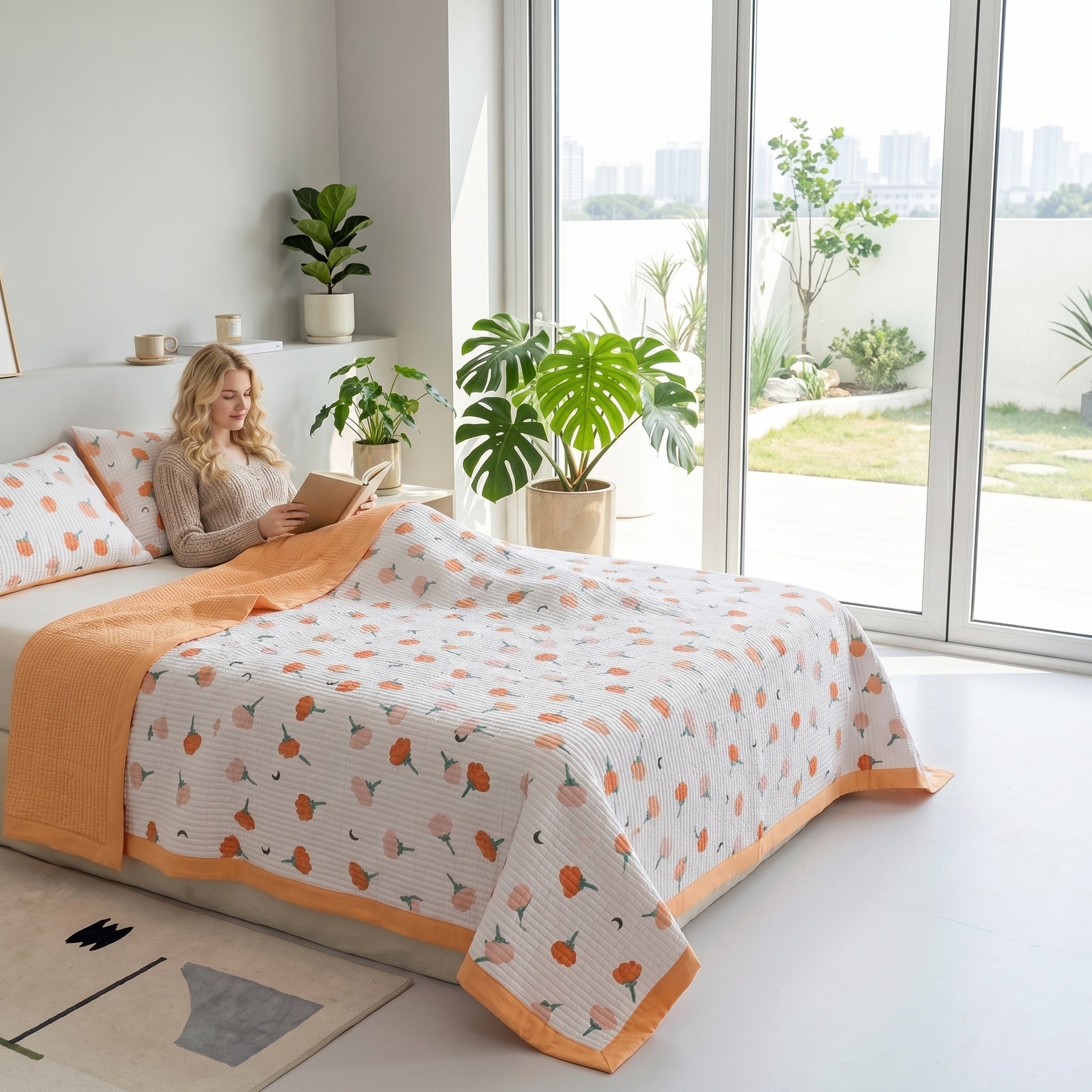 Woman reading on a bed with a white floral microfiber quilt and orange trim, in a bright room.