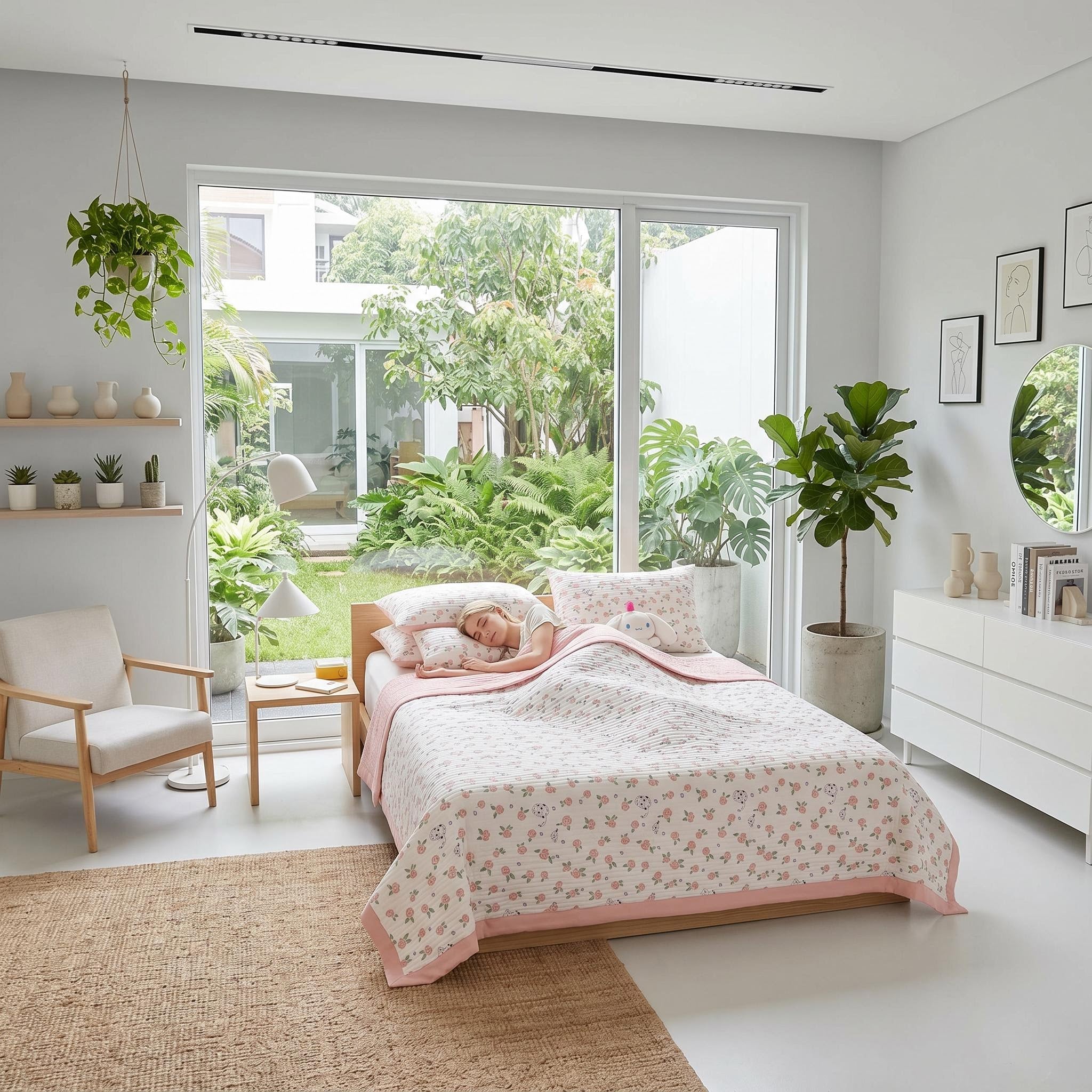 Child sleeping soundly in a modern bedroom with a pink floral microfiber quilt bedding set.