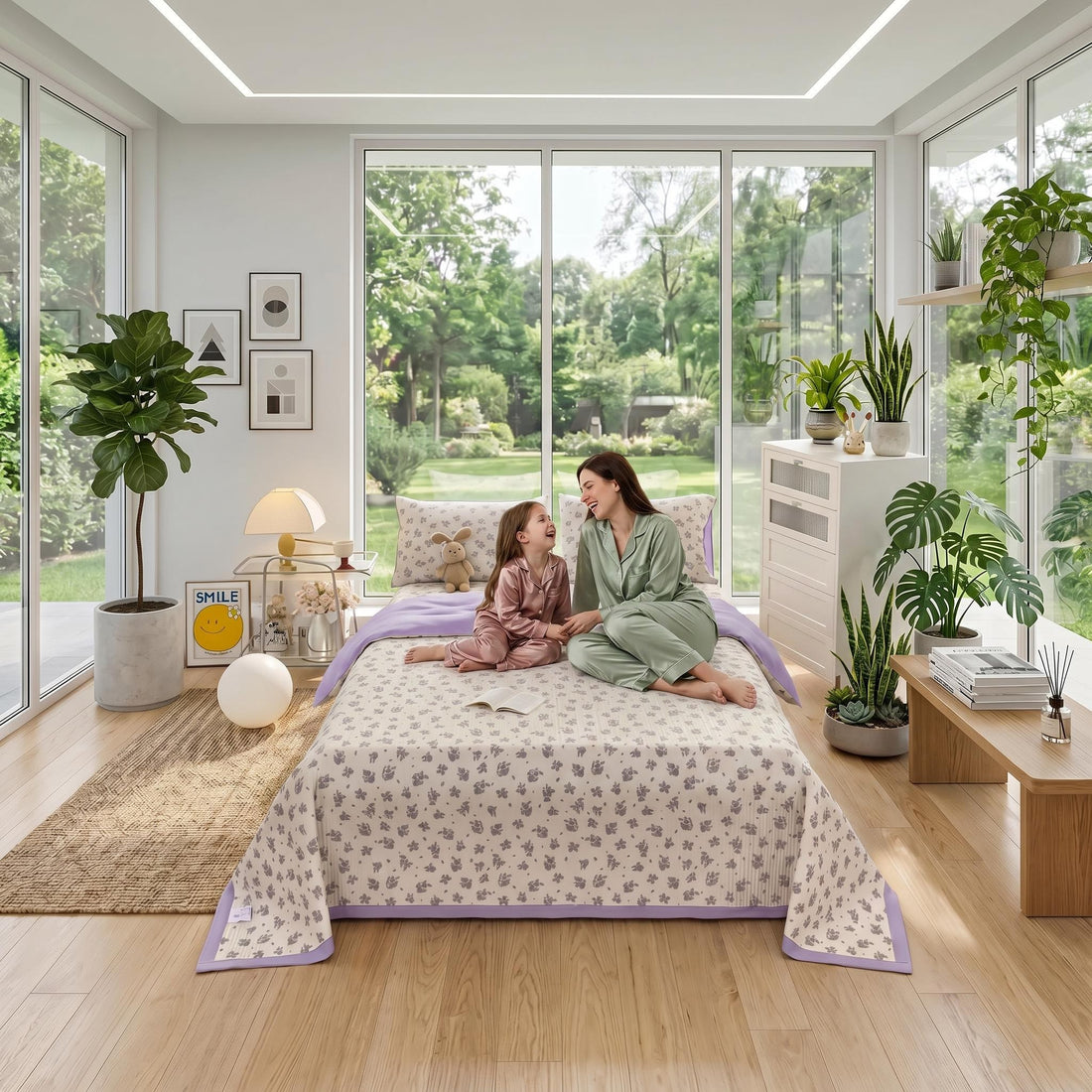 Mother and daughter on a bed with a white floral microfiber quilt and lavender trim in a bright bedroom.