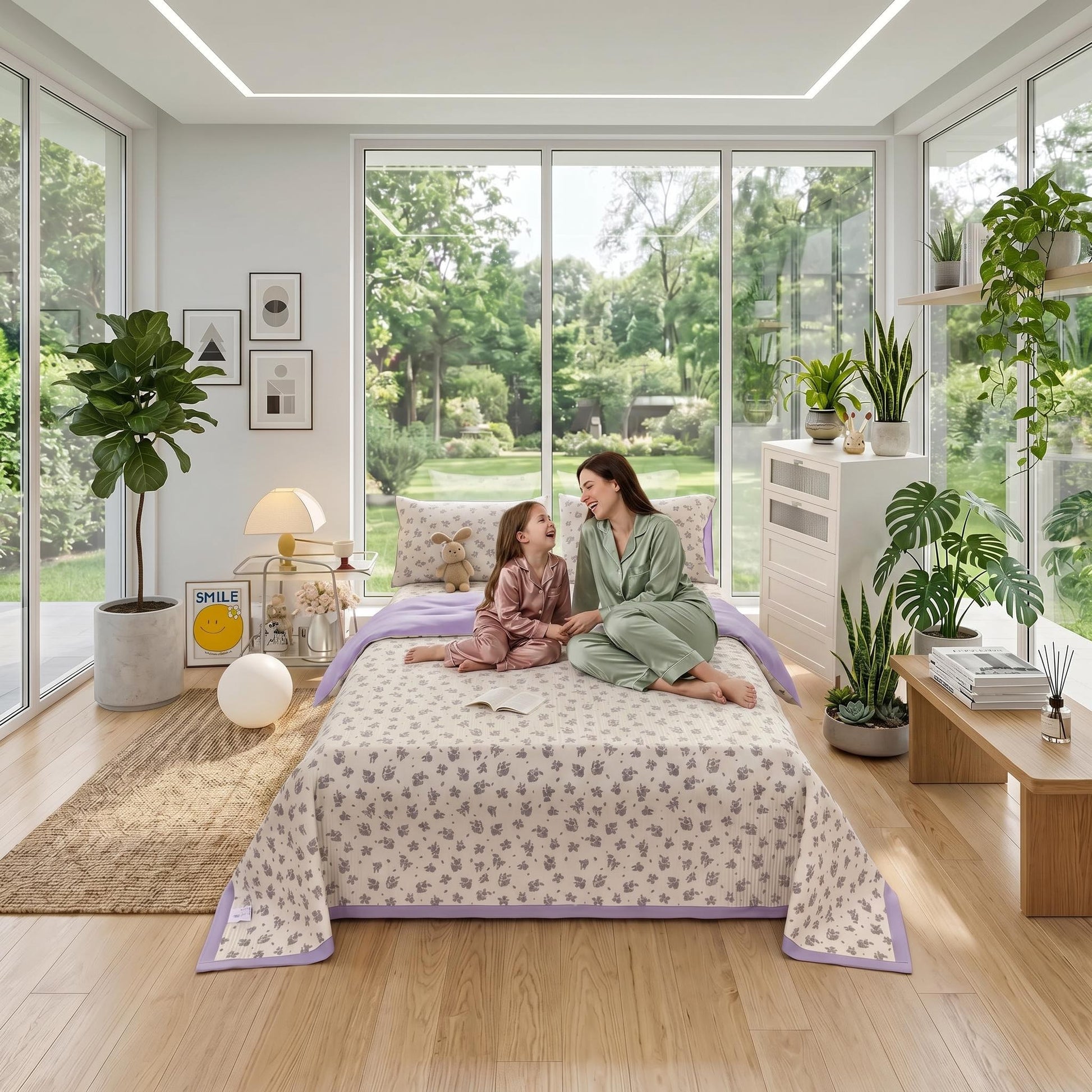 Mother and daughter on a bed with a white floral microfiber quilt and lavender trim in a bright bedroom.