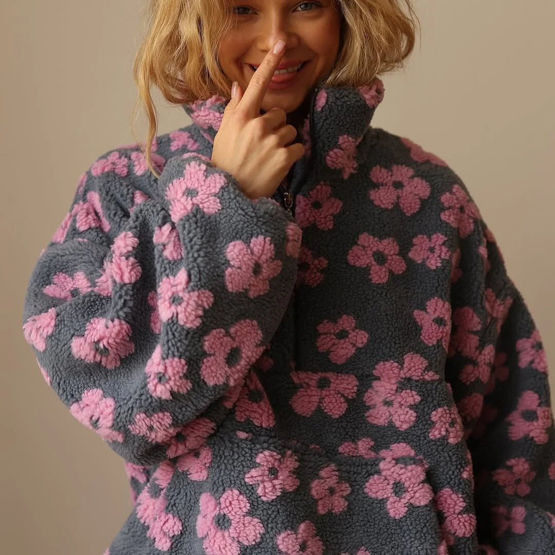 Floral Print Teddy Fleece Jacket with Half Zip 3