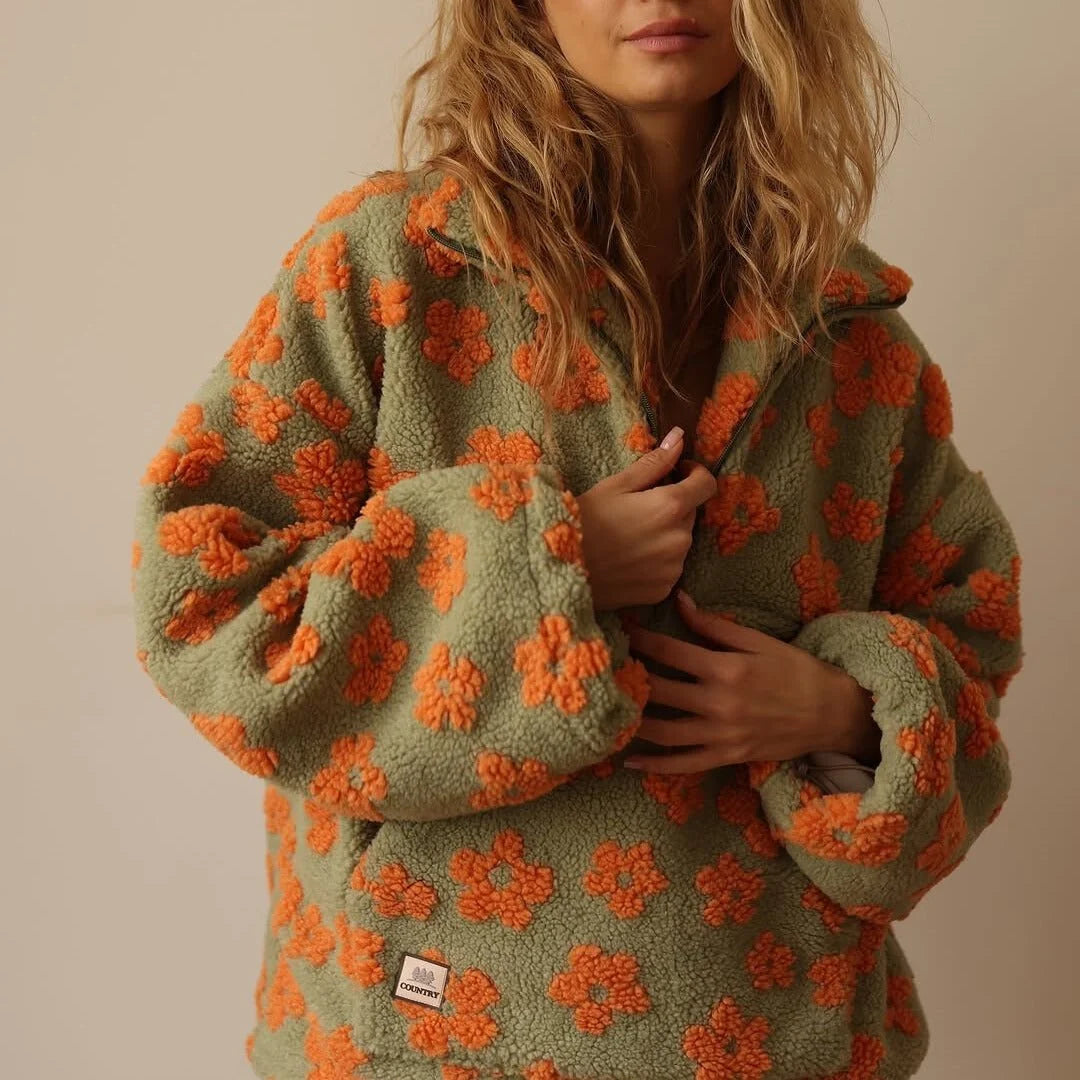Floral Print Teddy Fleece Jacket with Half Zip 5