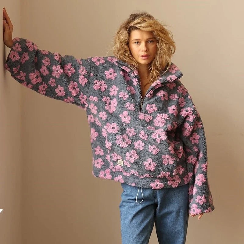 Floral Print Teddy Fleece Jacket with Half Zip 4