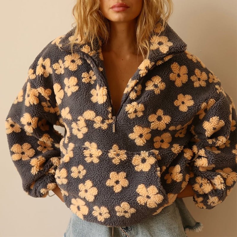 Floral Print Teddy Fleece Jacket with Half Zip 0