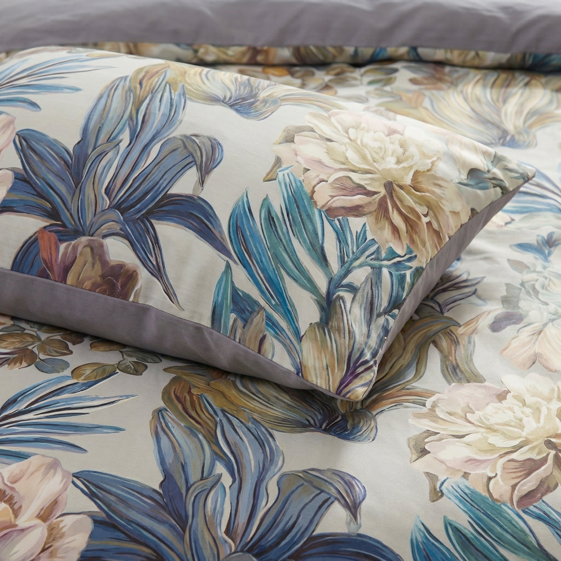 Cotton Flower Harmony Iris bedding set with botanical iris, lily, and wild leaf pattern in jewel tones.