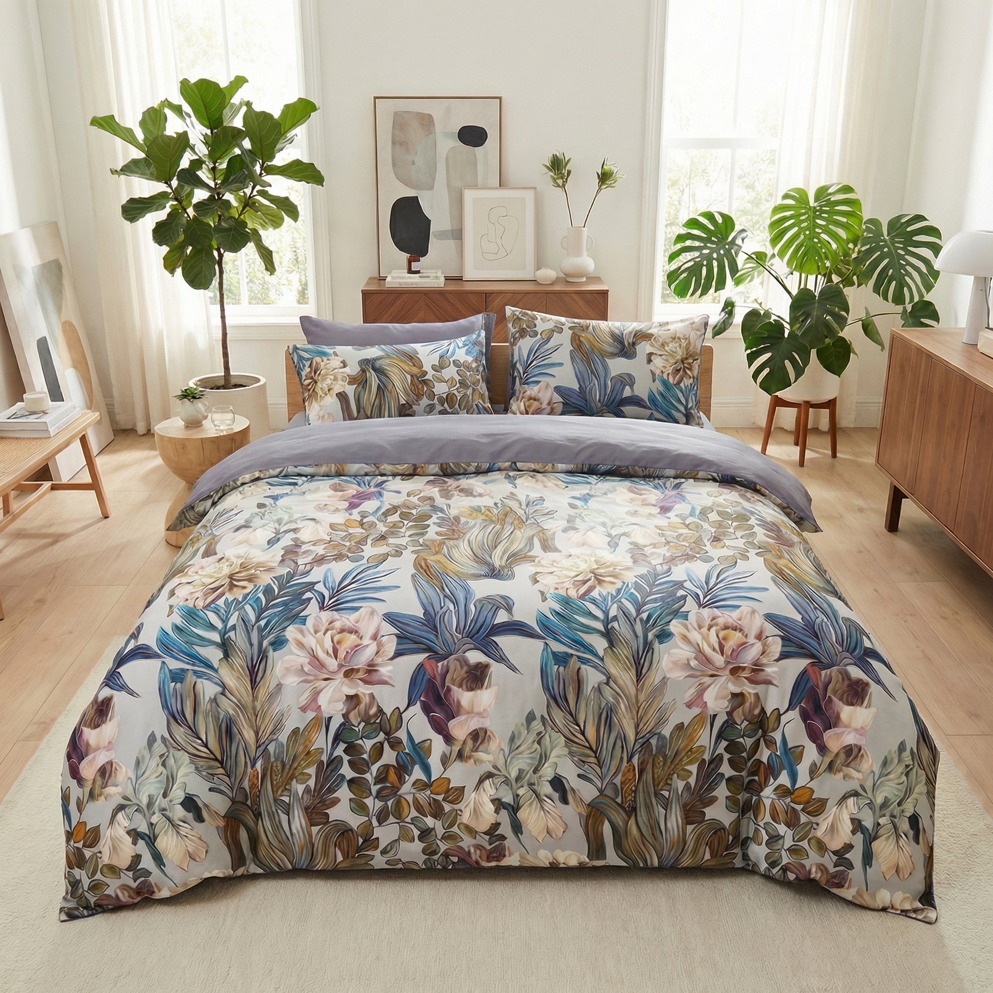 Flower Harmony Iris reversible cotton duvet cover set with botanical design in jewel tones.