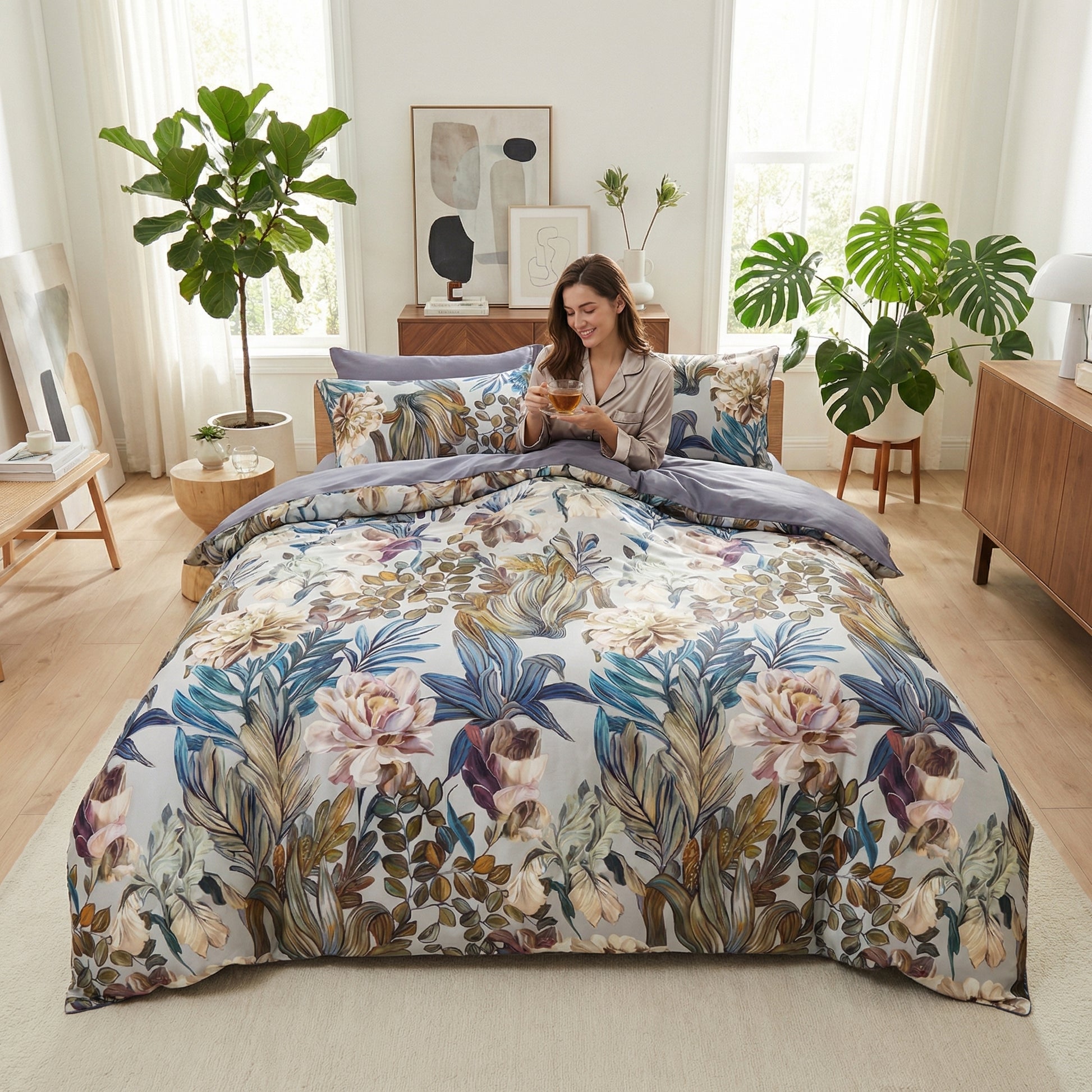 Flower Harmony Iris reversible cotton duvet cover set with botanical iris, lily, and leaf design in jewel tones.