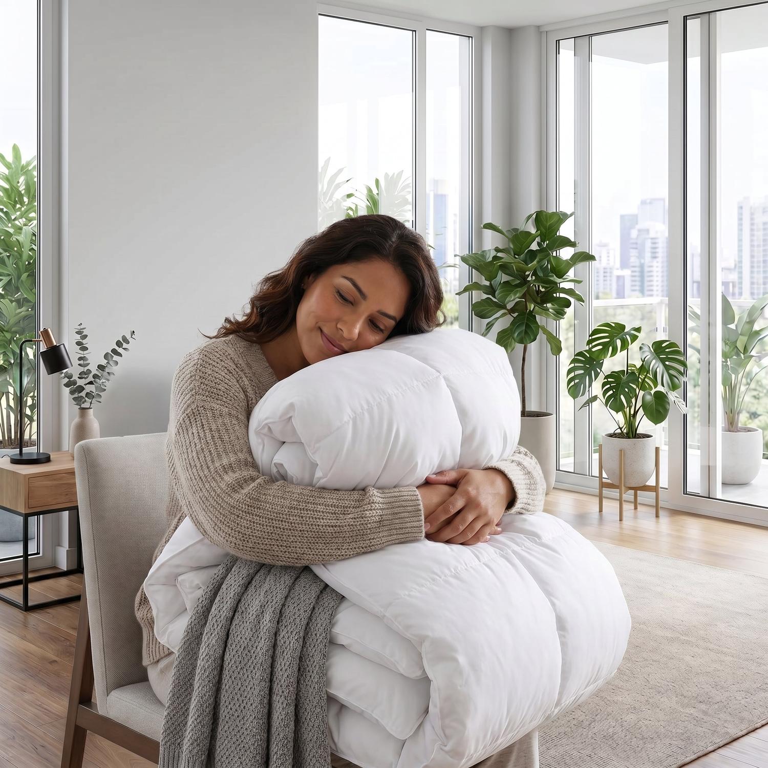 Woman hugging a fluffy white cotton duvet insert comforter in a bright room.
