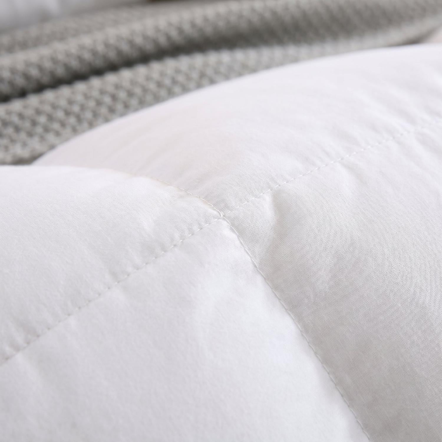 Close-up of a white fluffy cotton duvet insert with stitched squares and a gray knitted blanket.