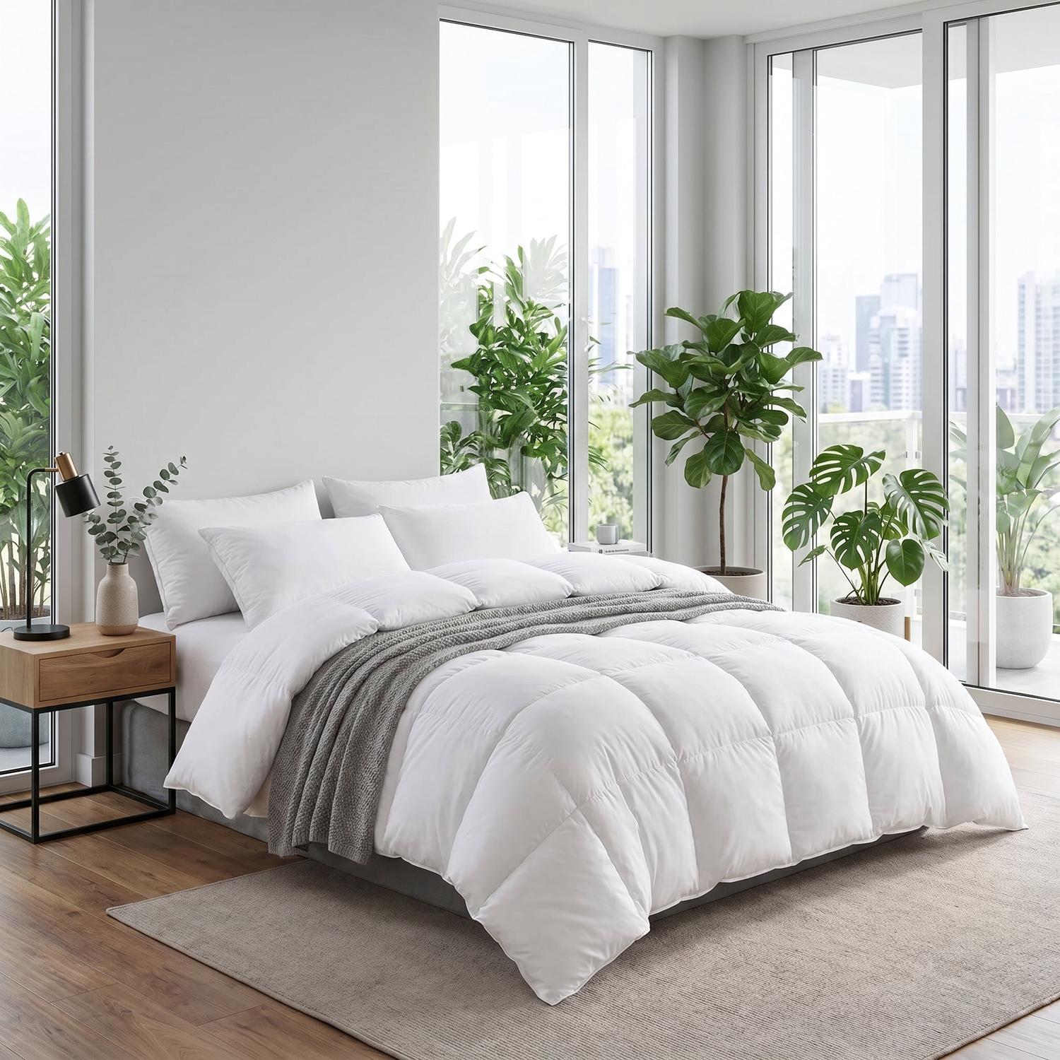 White fluffy cotton duvet insert comforter on a bed with a gray throw, in a bright bedroom.