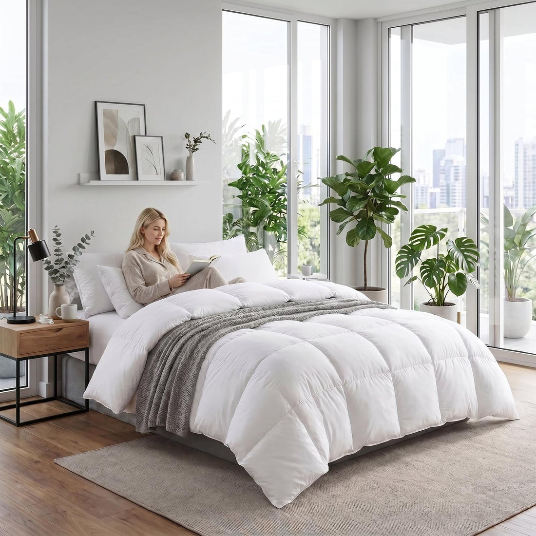 White fluffy cotton duvet insert on a bed with a woman reading, surrounded by plants and natural light.