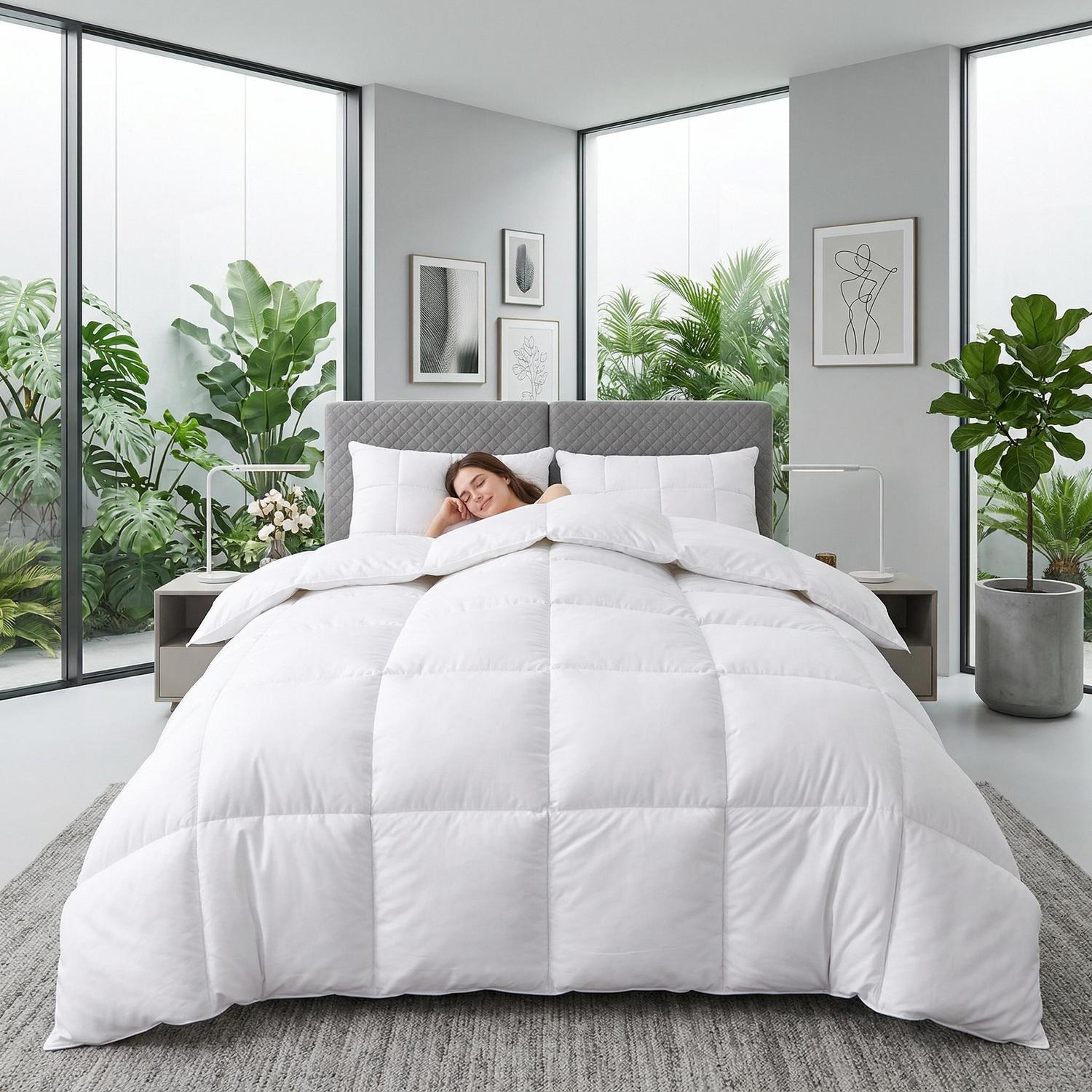 Fluffy white quilted duvet comforter on a bed with a sleeping person in a modern bedroom.