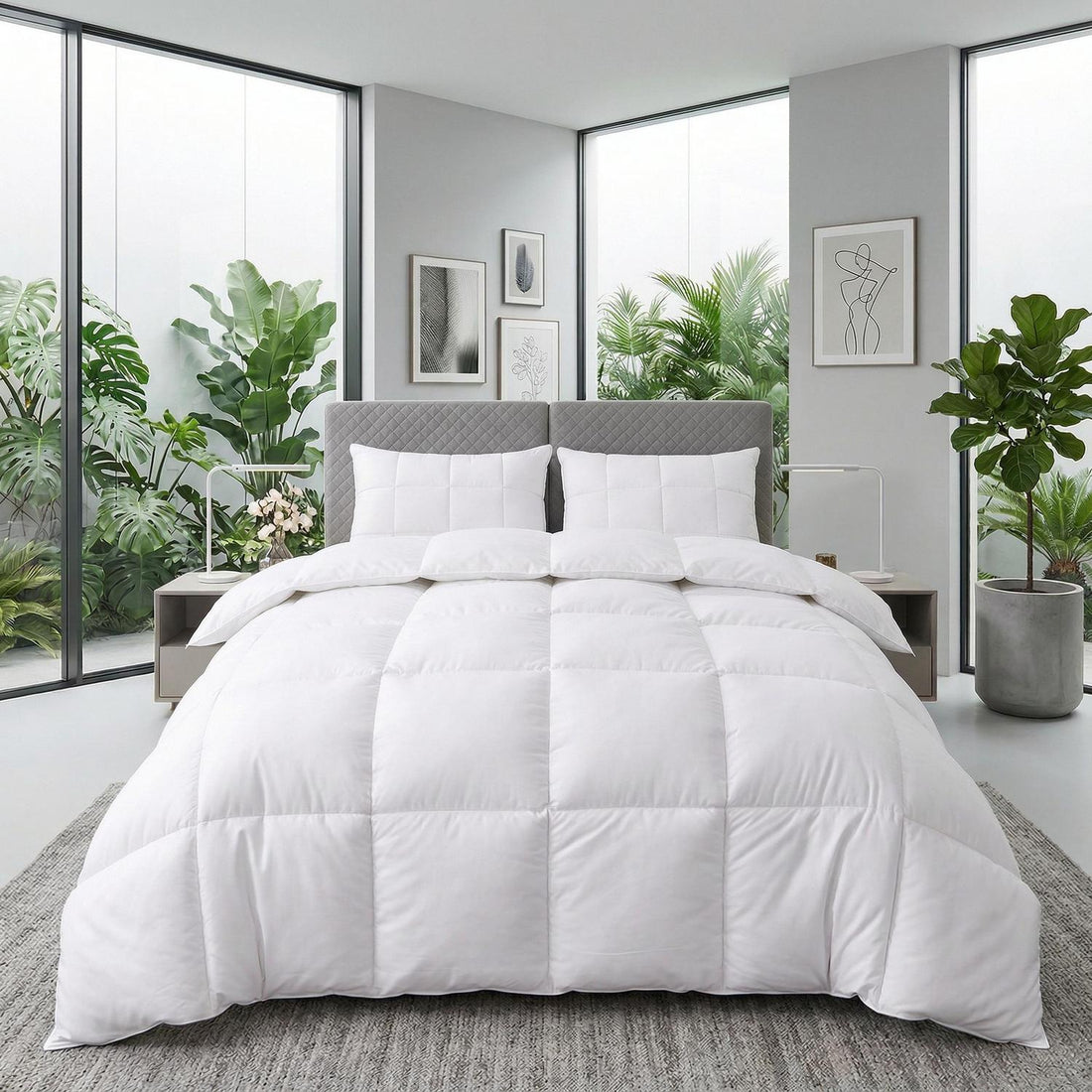 Fluffy white quilted duvet comforter on a bed with a mother and child, surrounded by plants.
