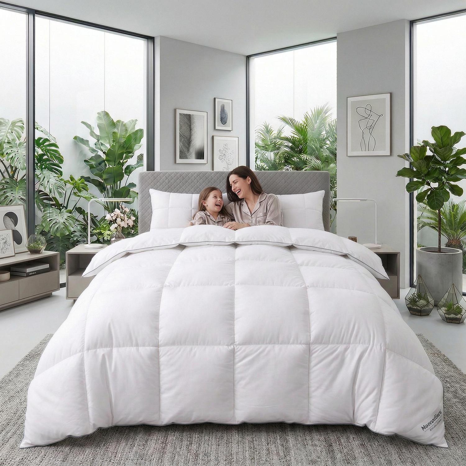 Fluffy white quilted duvet comforter on a bed with a mother and child, surrounded by plants.