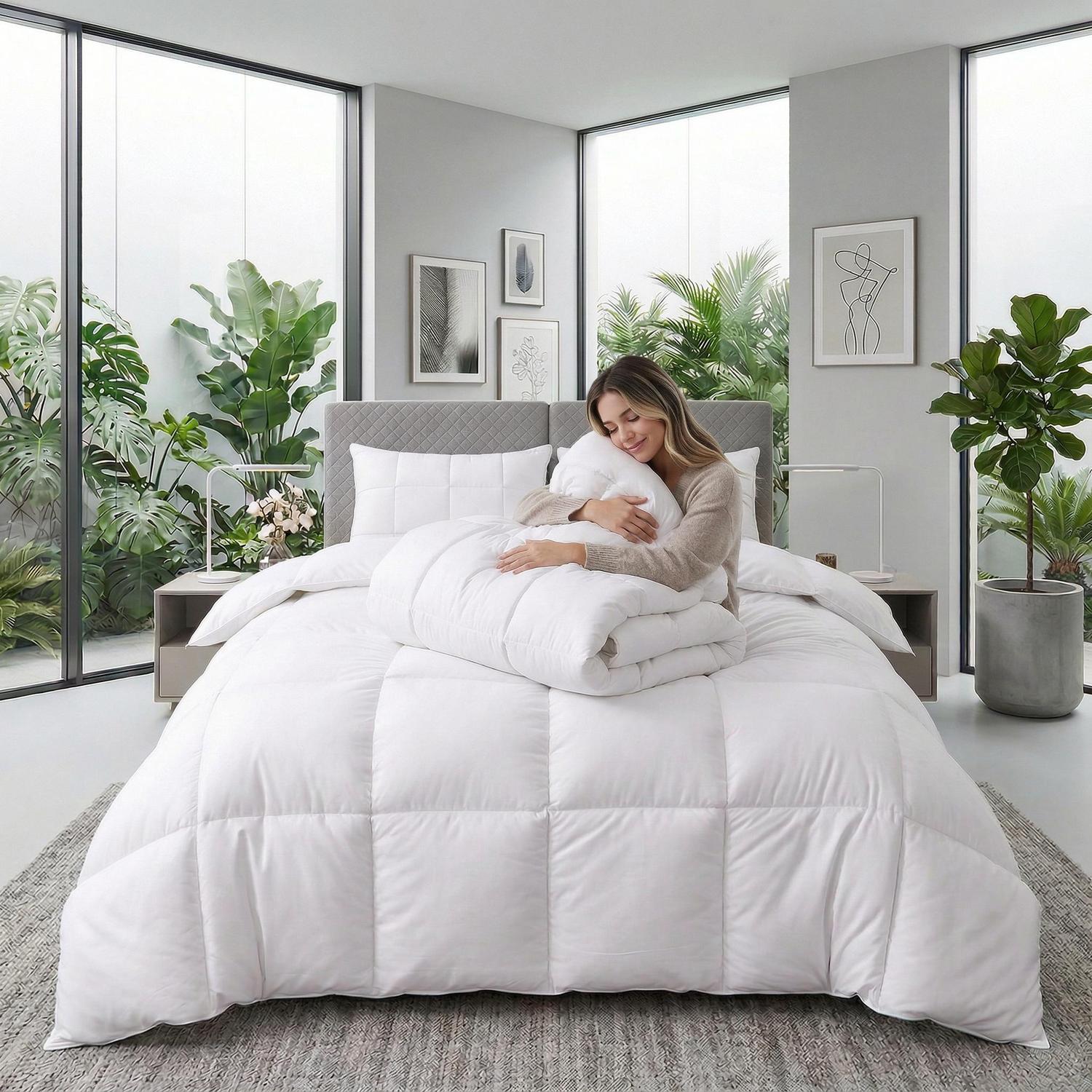 Smiling woman on a bed, hugging a fluffy white quilted duvet comforter in a modern bedroom.