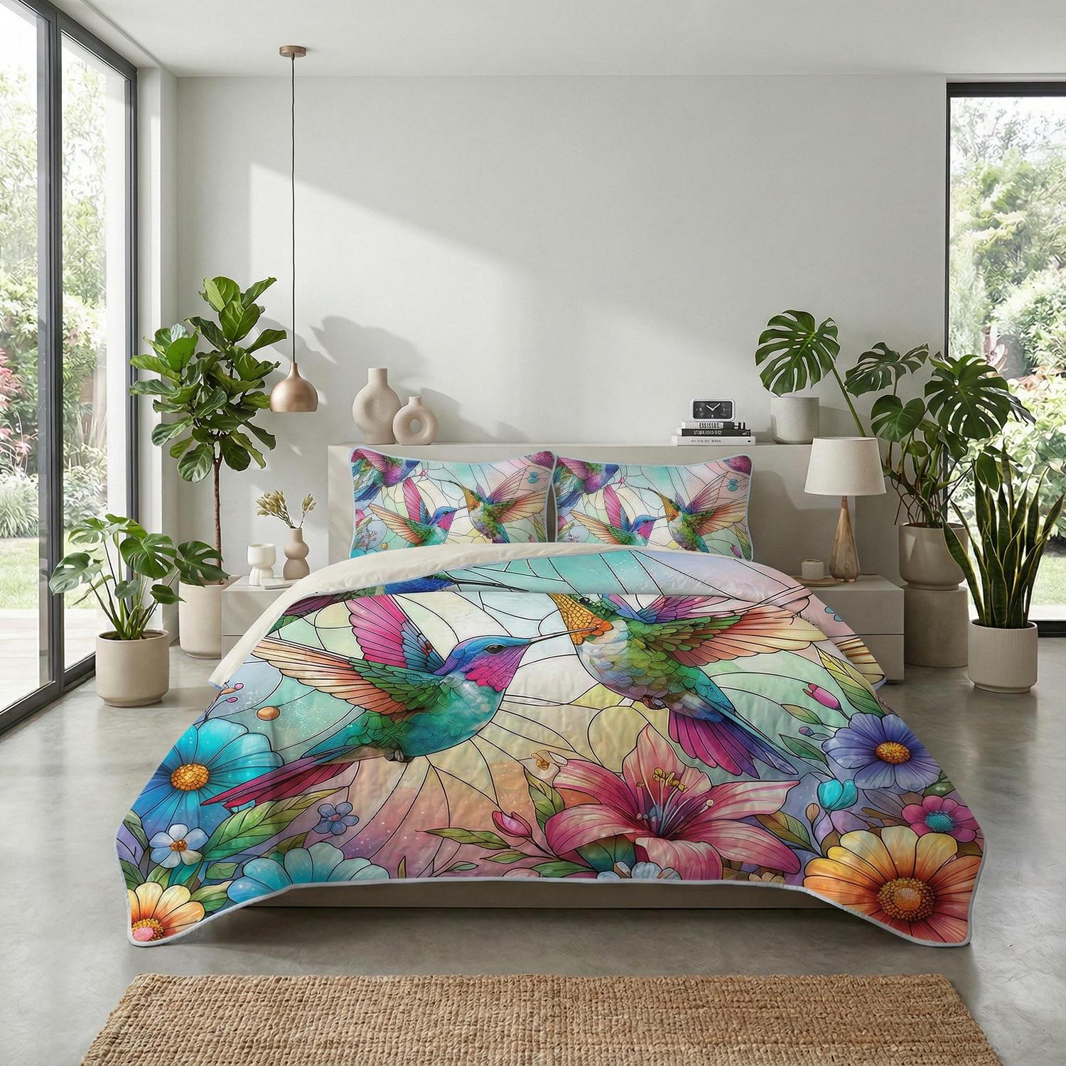 Full-size Flying Bird Printed Quilt Set with elegant bird designs, soft polyester fabric.