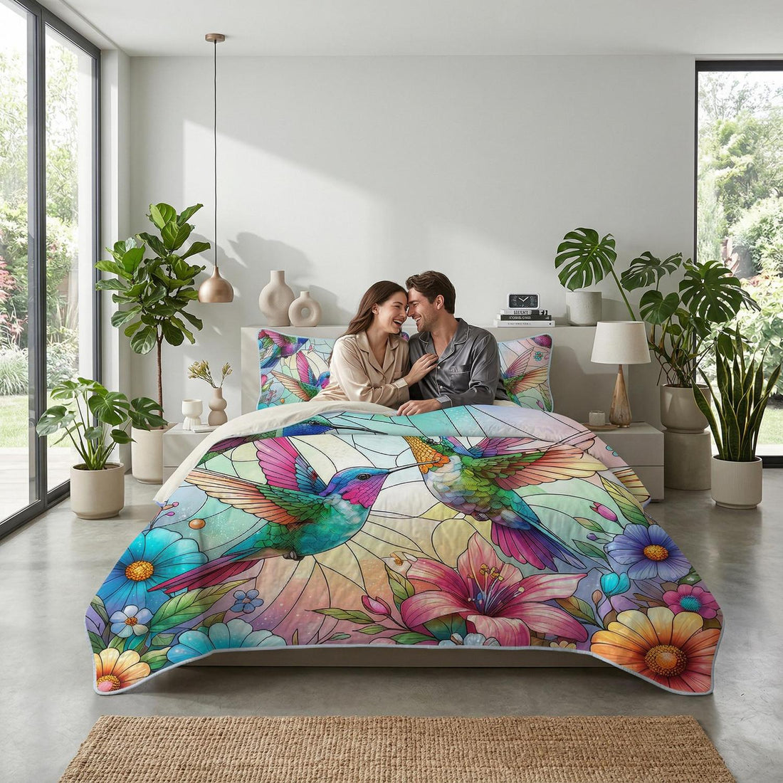 Twin Flying Bird Printed Quilt Set with elegant bird prints, soft polyester, and ultrasonic embossing.