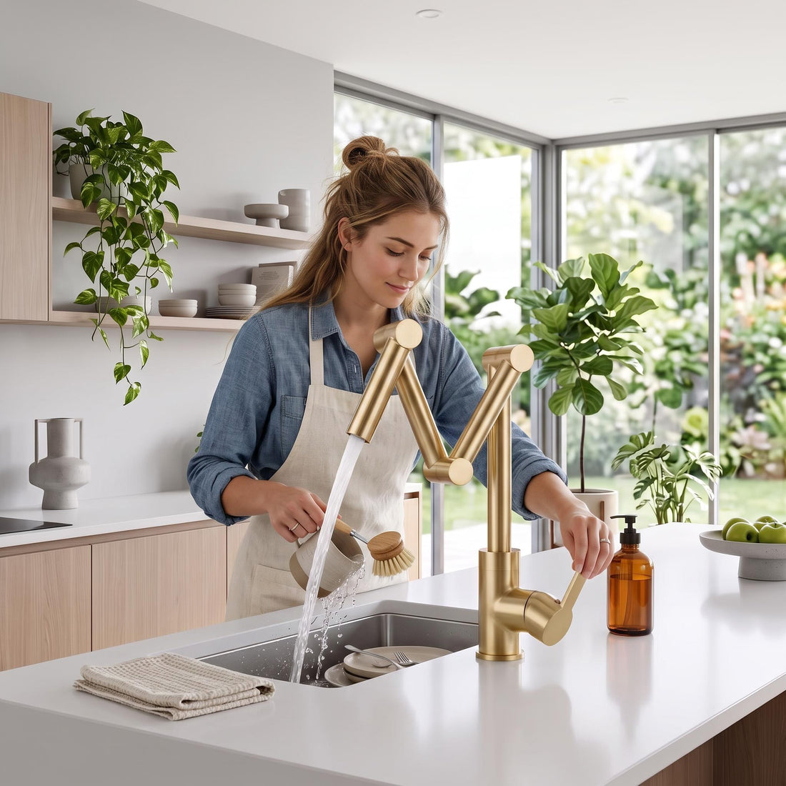 Brushed brass foldable kitchen faucet with dual-handle mixer, mounted on a white countertop in a modern kitchen.