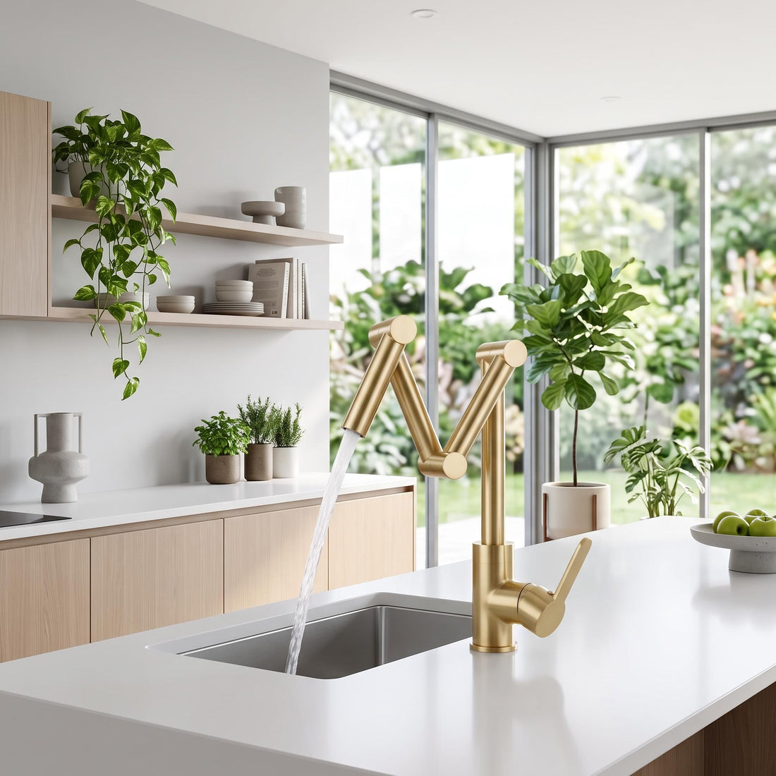 Brushed brass foldable kitchen faucet with dual-handle mixer, mounted on a white countertop in a modern kitchen.