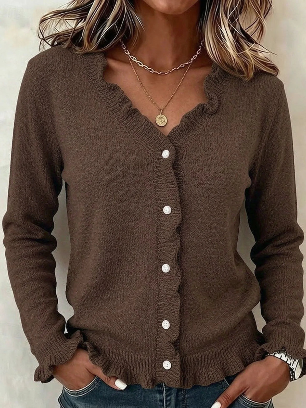 Frill Trim V-Neck Knit Cardigan for Everyday Wear 0