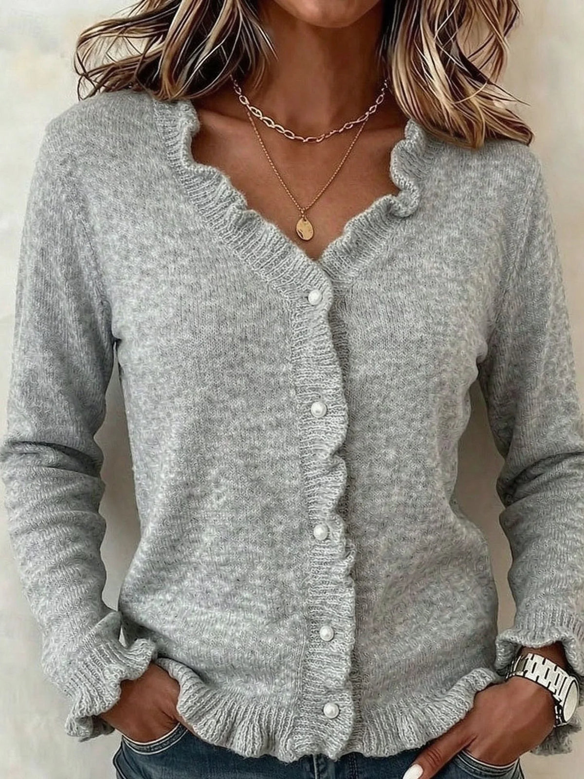 Frill Trim V-Neck Knit Cardigan for Everyday Wear 4