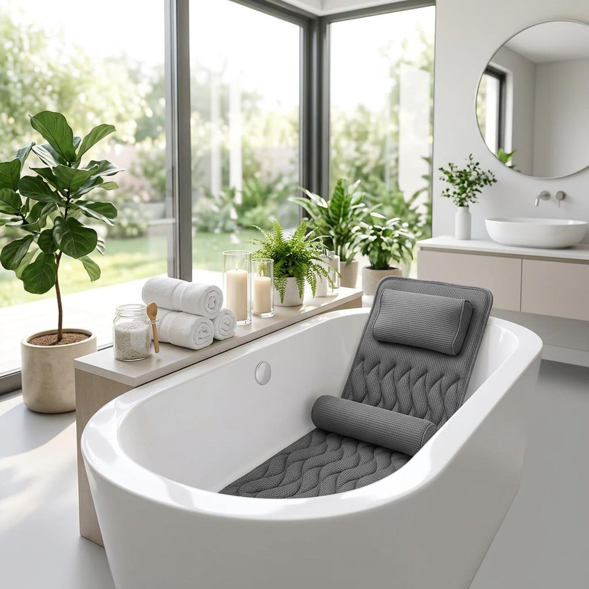 Grey full body bath pillow with headrest in a white freestanding bathtub.