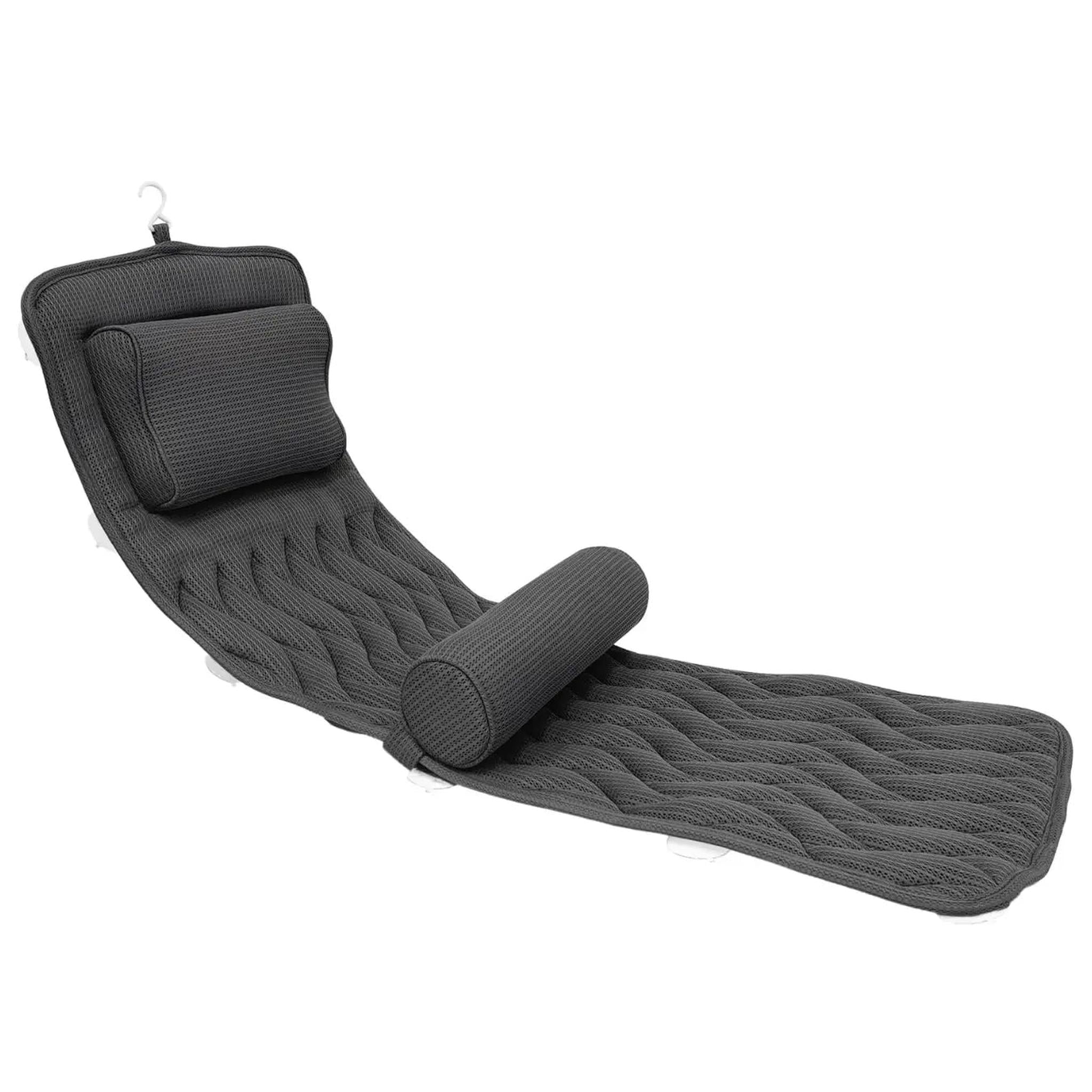 Dark gray full body bath pillow with a headrest, lumbar support, and quilted mesh fabric.