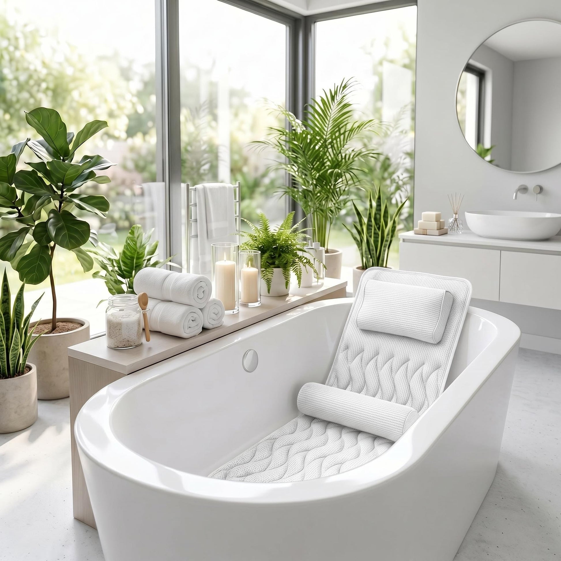 White quilted full-body bath pillow with headrest in a modern white bathtub.