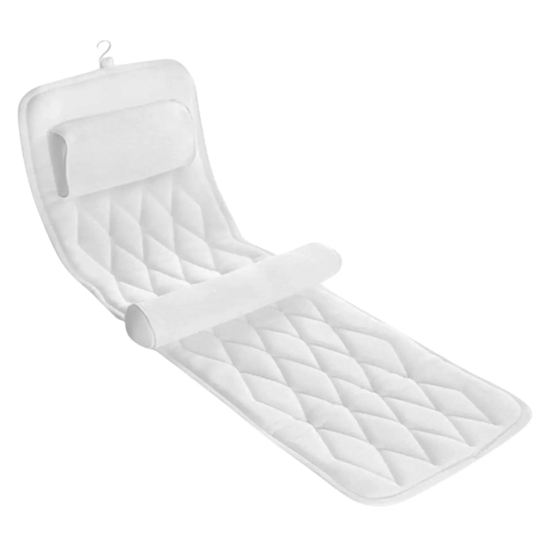 White full-body quilted bath cushion with headrest and lumbar support pillow.
